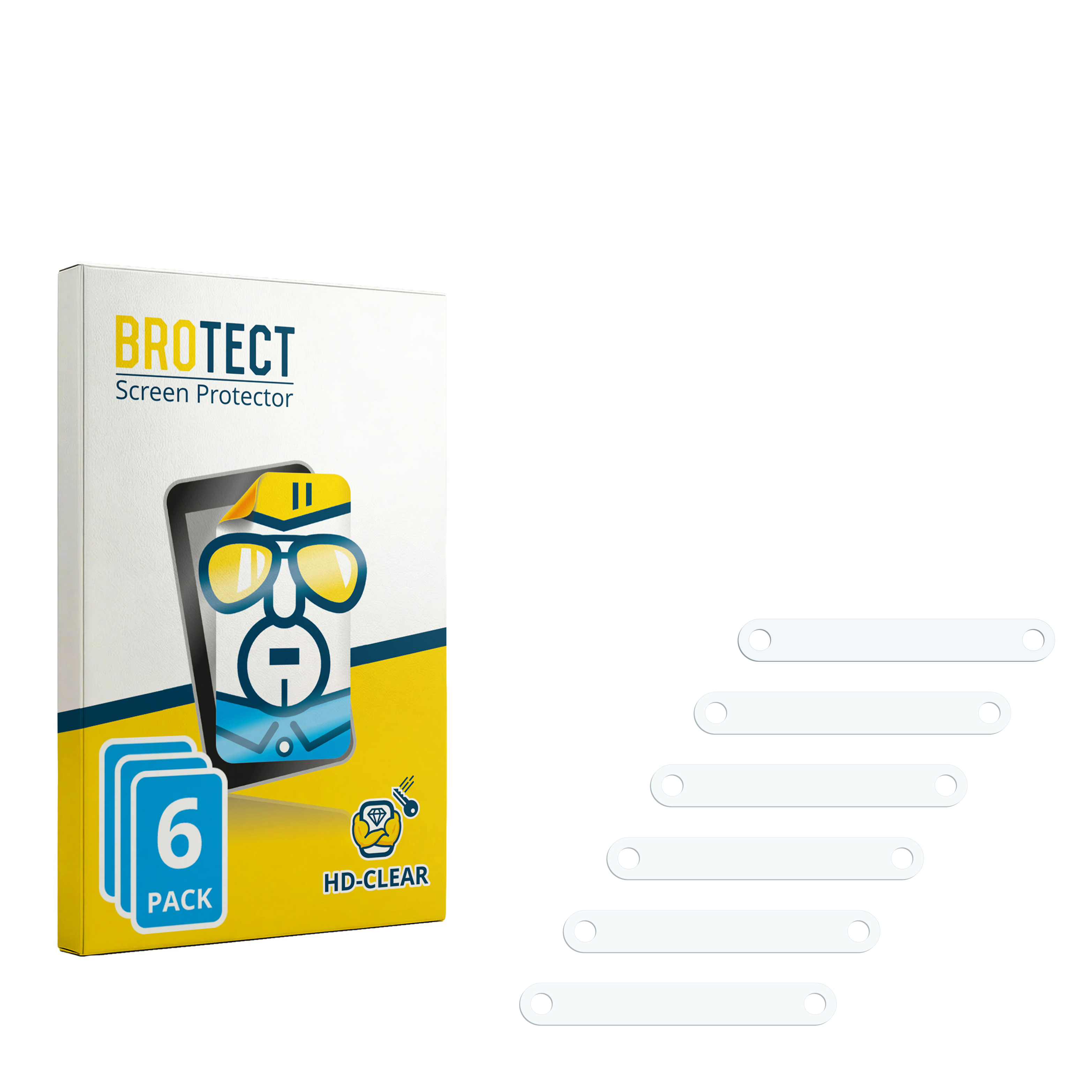 Brotect Screen Protector Verpackung und sechs transparente Schutzfolien auf weißem Hintergrund.