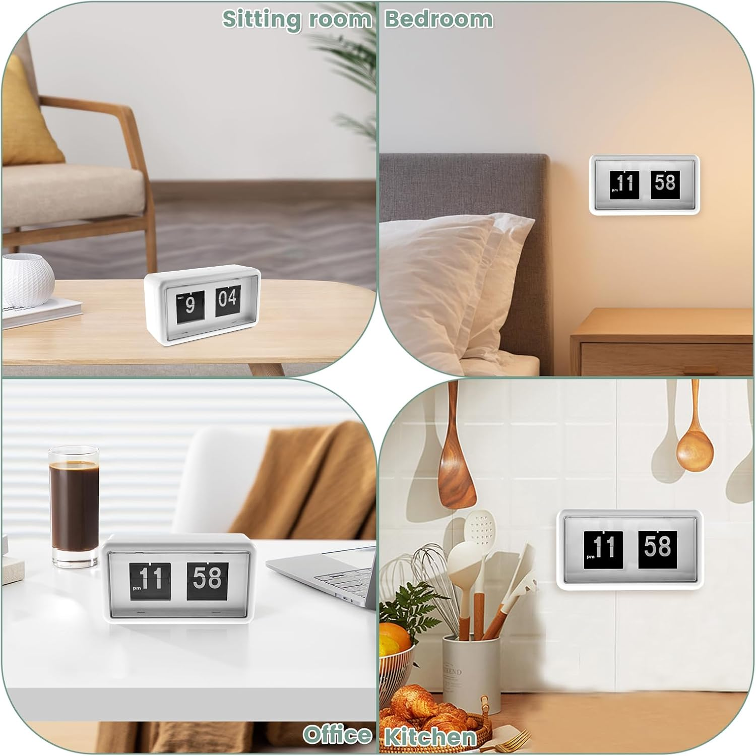 Vier Bilder zeigen eine weiße Retro-Flip-Uhr im Wohnzimmer, Schlafzimmer, Büro und in der Küche.