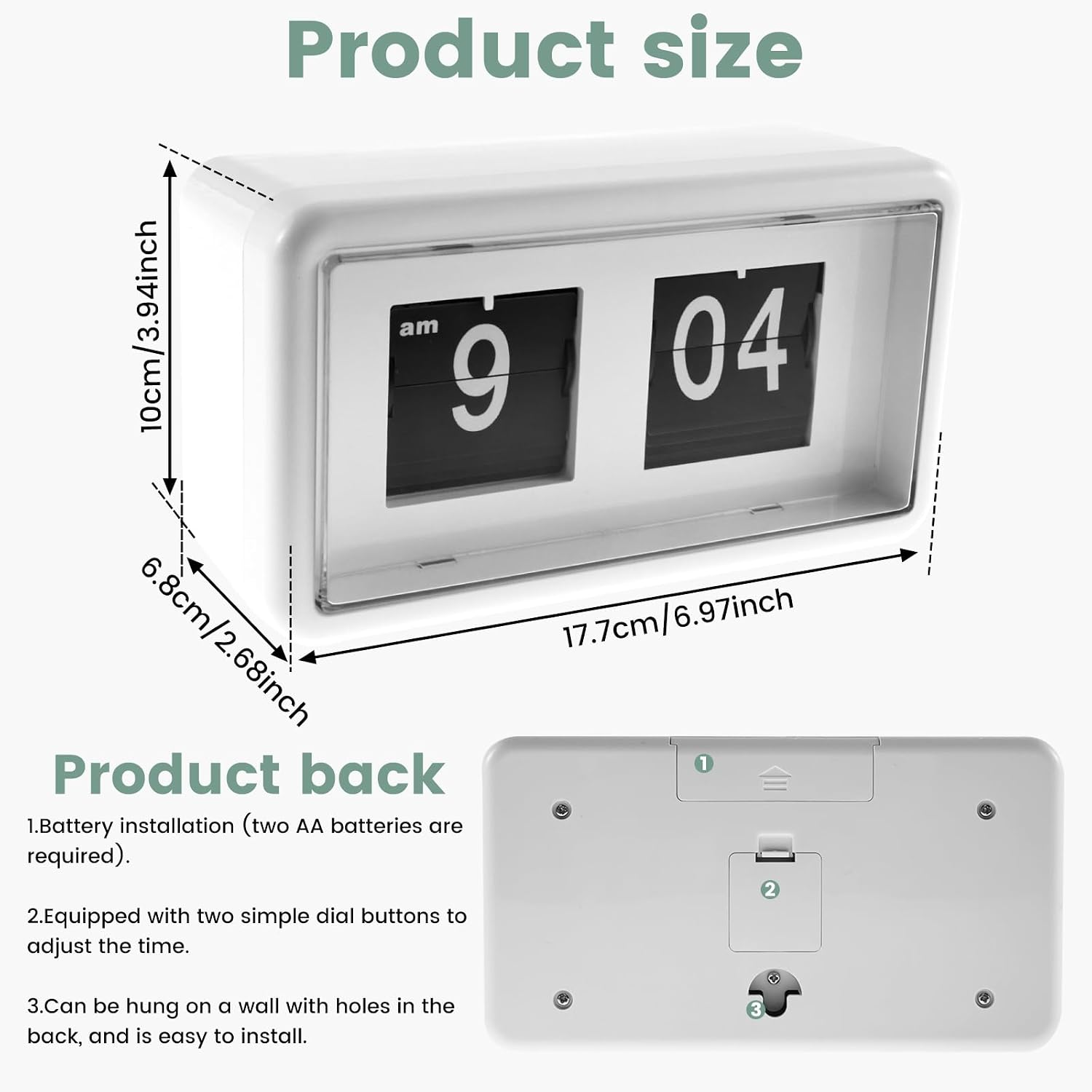 Produktgröße und Rückseite einer weißen Flip-Uhr mit Maßangaben und Funktionsbeschreibung.