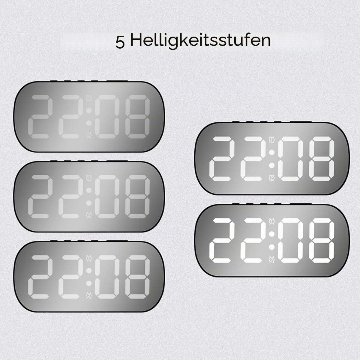 Fünf ovale digitale Wecker mit LED-Anzeige für 22:08 Uhr zeigen verschiedene Helligkeitsstufen.