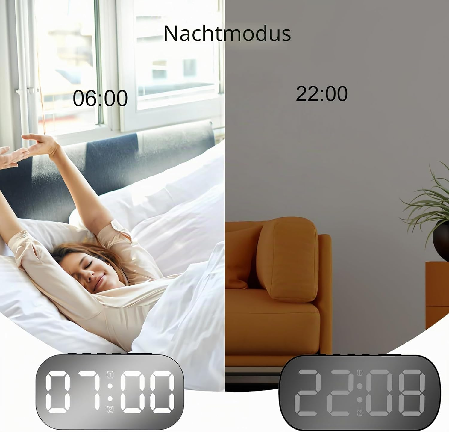 Vergleich zweier Tageszeiten mit Uhrzeiten, einer Frau beim Aufwachen und einem Wohnzimmer bei Nacht.