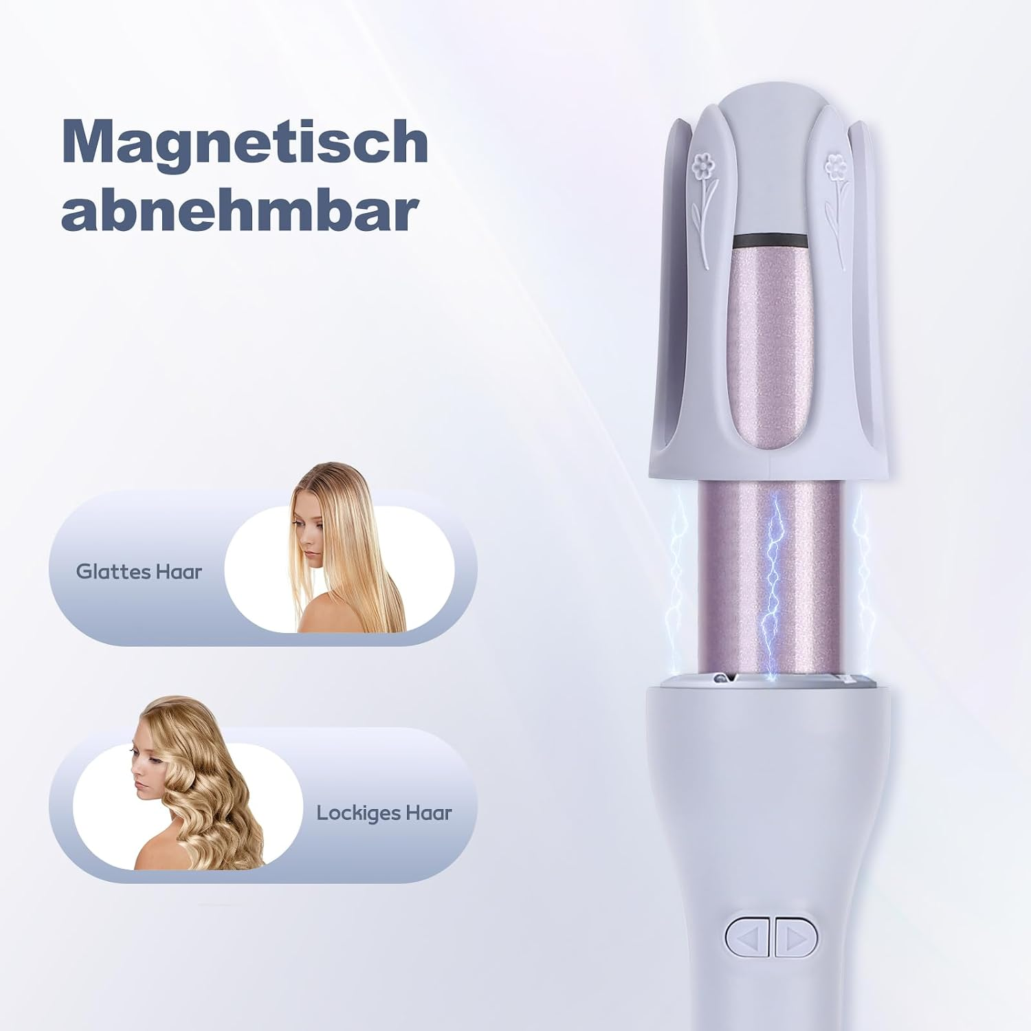 Ein lila Haarglätter mit magnetischem Aufsatz und Beispielen für glattes und lockiges Haar.