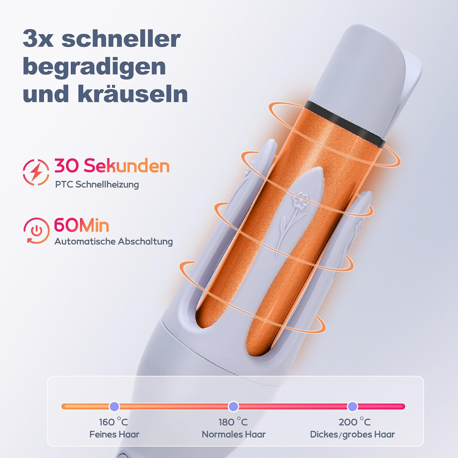 Ein orange-graues Haarstyling-Gerät mit Temperatureinstellungen und Symbolen auf hellem Hintergrund.