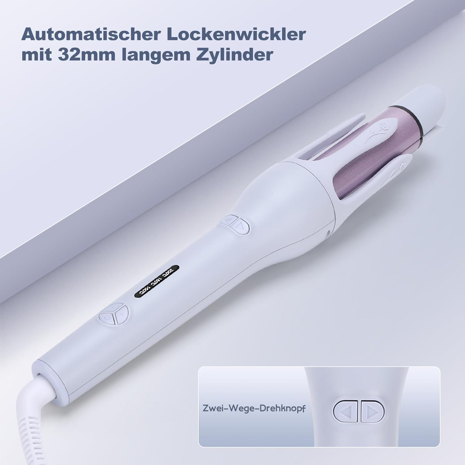 Weiß-rosafarbener automatischer Lockenwickler mit 32mm Zylinder auf hellem Hintergrund.