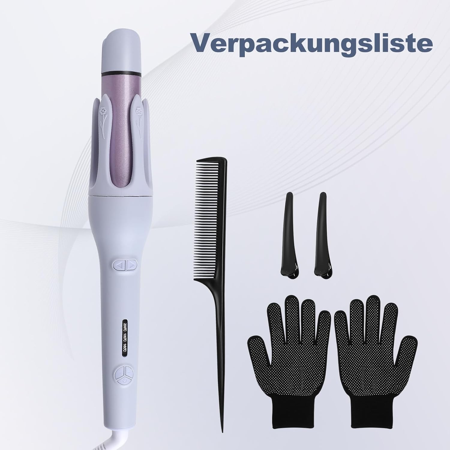 Verpackungsliste mit Lockenstab, schwarzem Kamm, zwei Haarklammern und zwei Schutzhandschuhen auf weißem Grund.