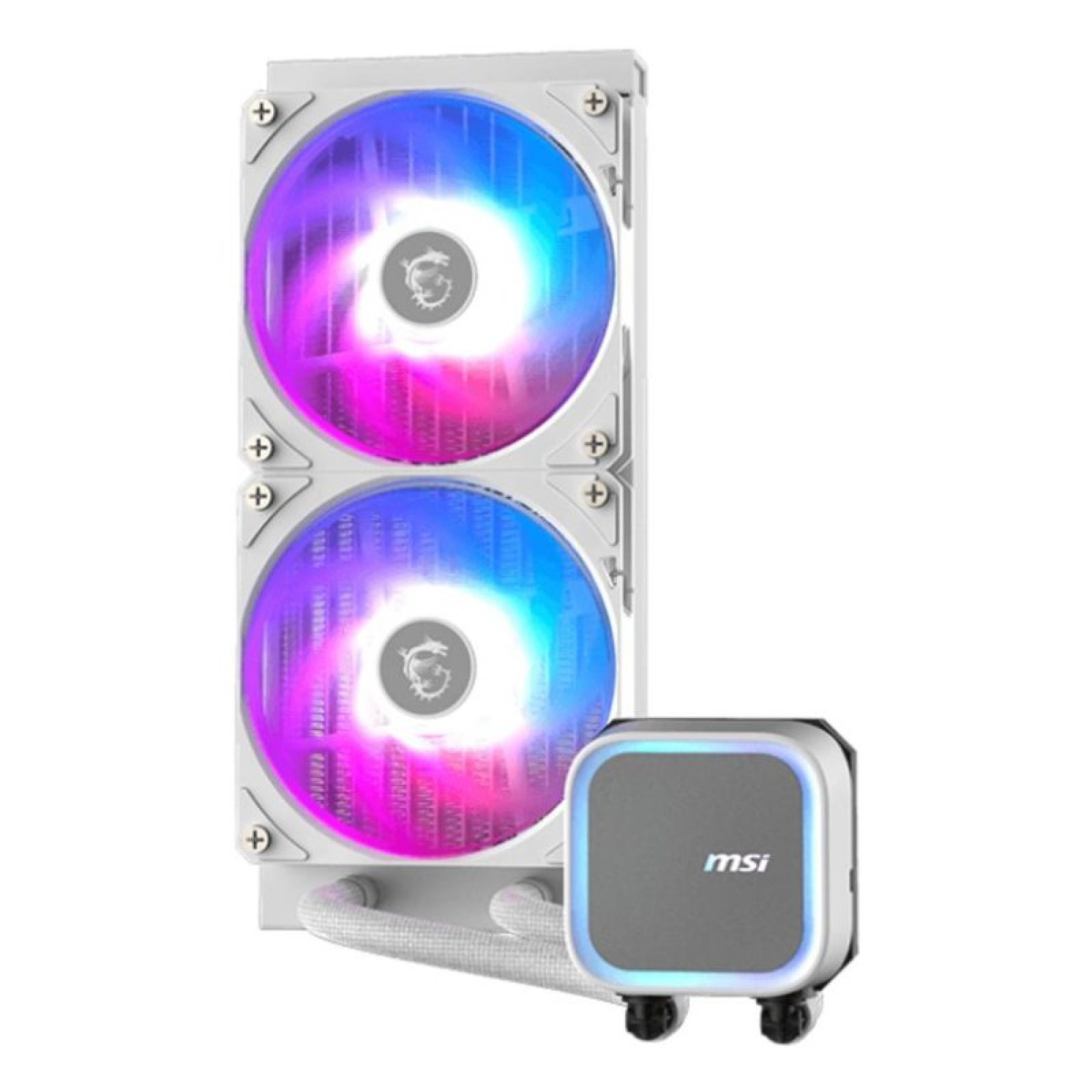 Biały cooler wodny MSI CPU z dwoma wentylatorami RGB i podświetlanym blokiem pompy.