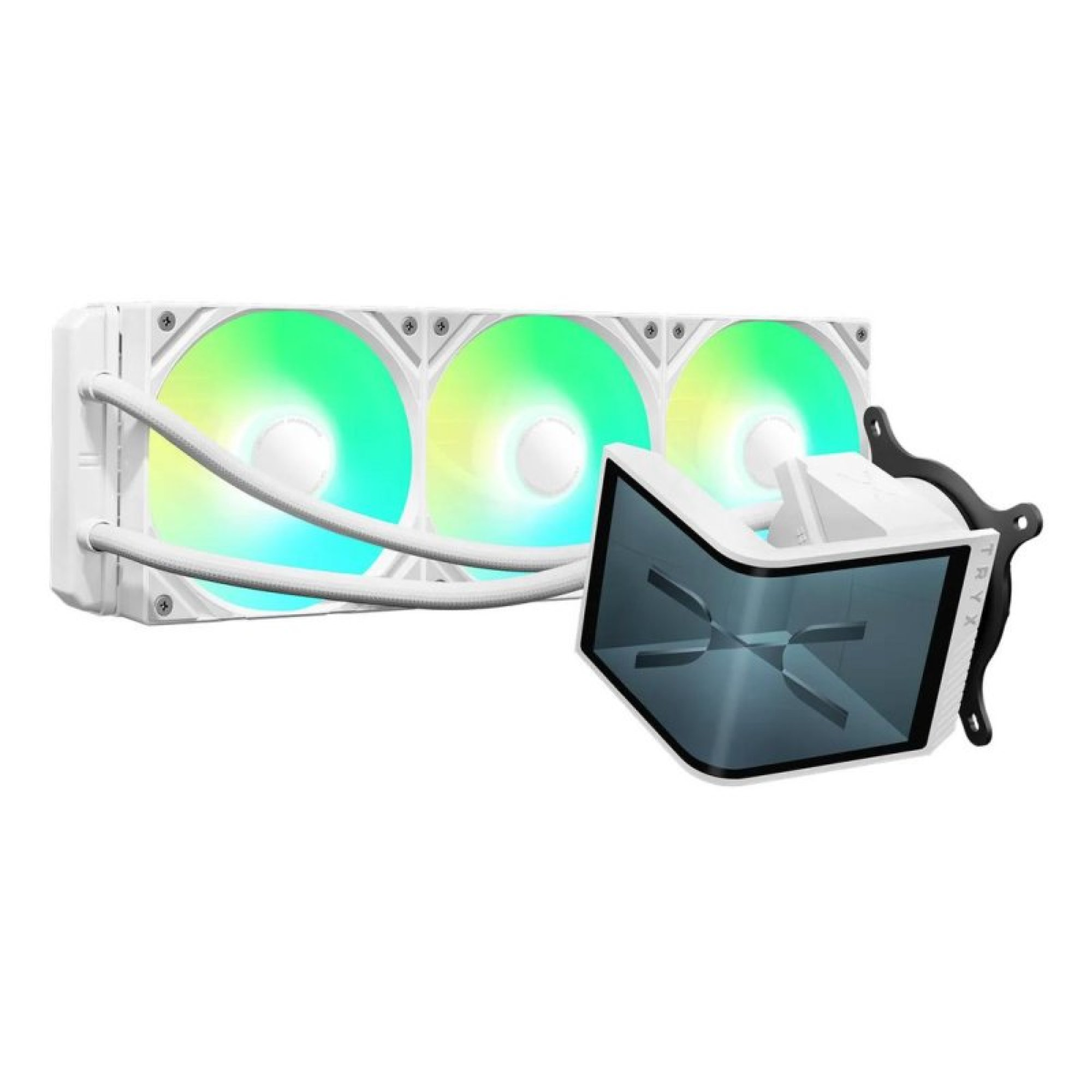 Weißes AIO-Wasserkühlungssystem mit drei RGB-Lüftern und einem gebogenen Display-CPU-Block auf weißem Hintergrund.