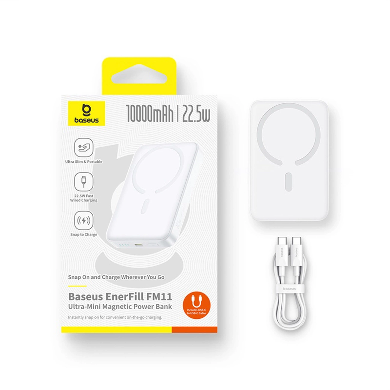 Power bank magnetico bianco Baseus EnerFill FM11 da 10000mAh con confezione e cavo USB-C.