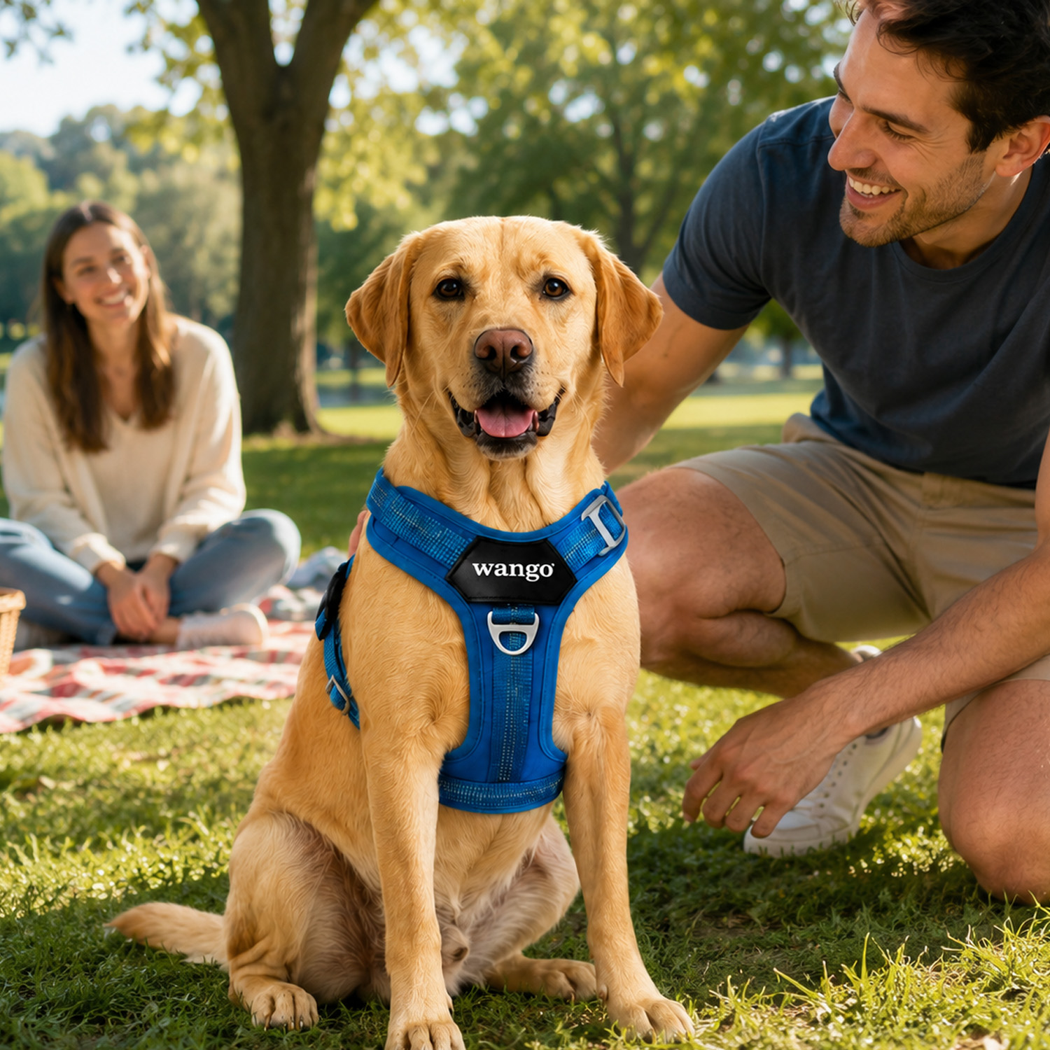 Un labrador dorado con un arnés azul de Wango está sentado en un parque mientras una familia feliz observa al fondo.