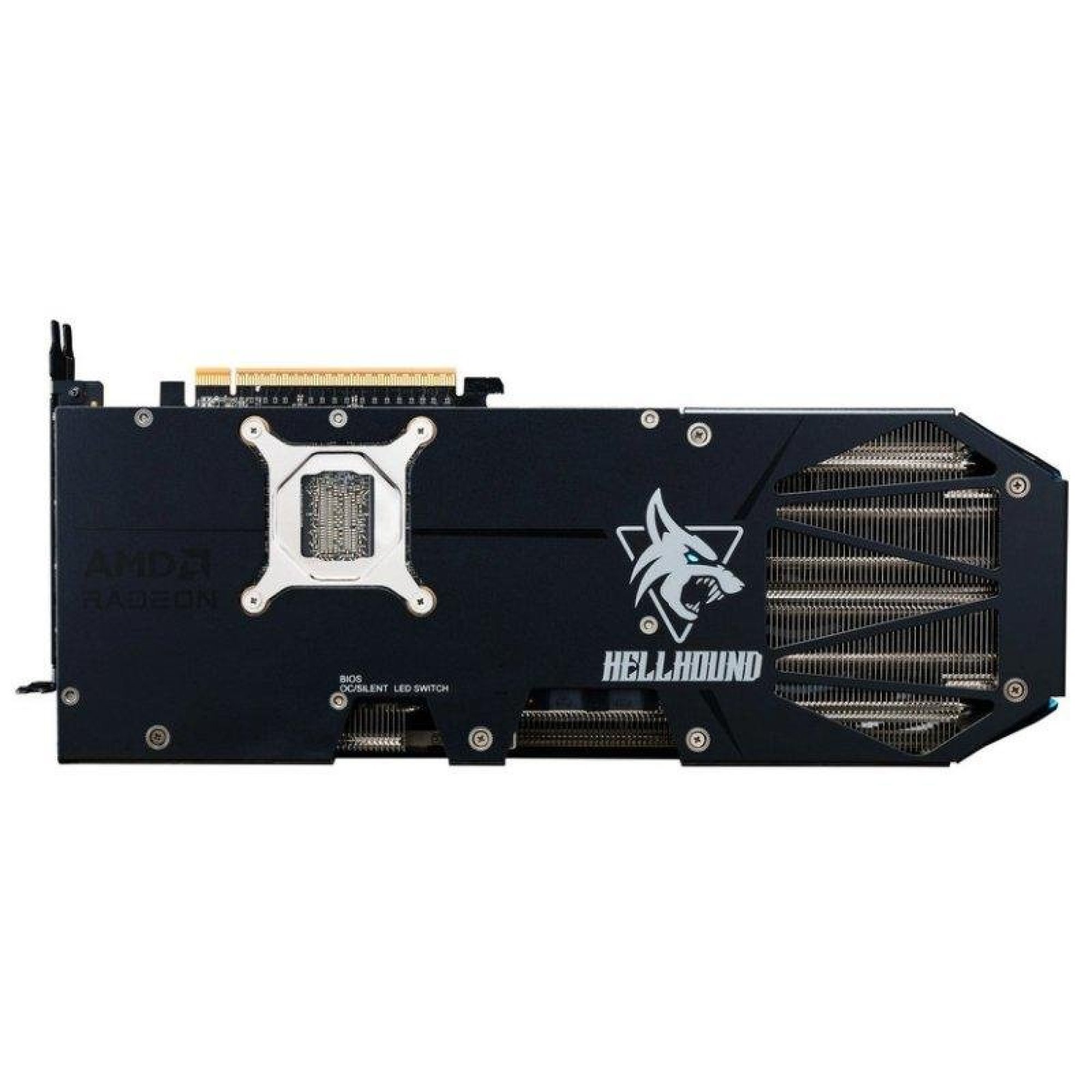 Czarna karta graficzna AMD Radeon Hellhound z białym logo i widocznymi żebrami chłodzącymi.