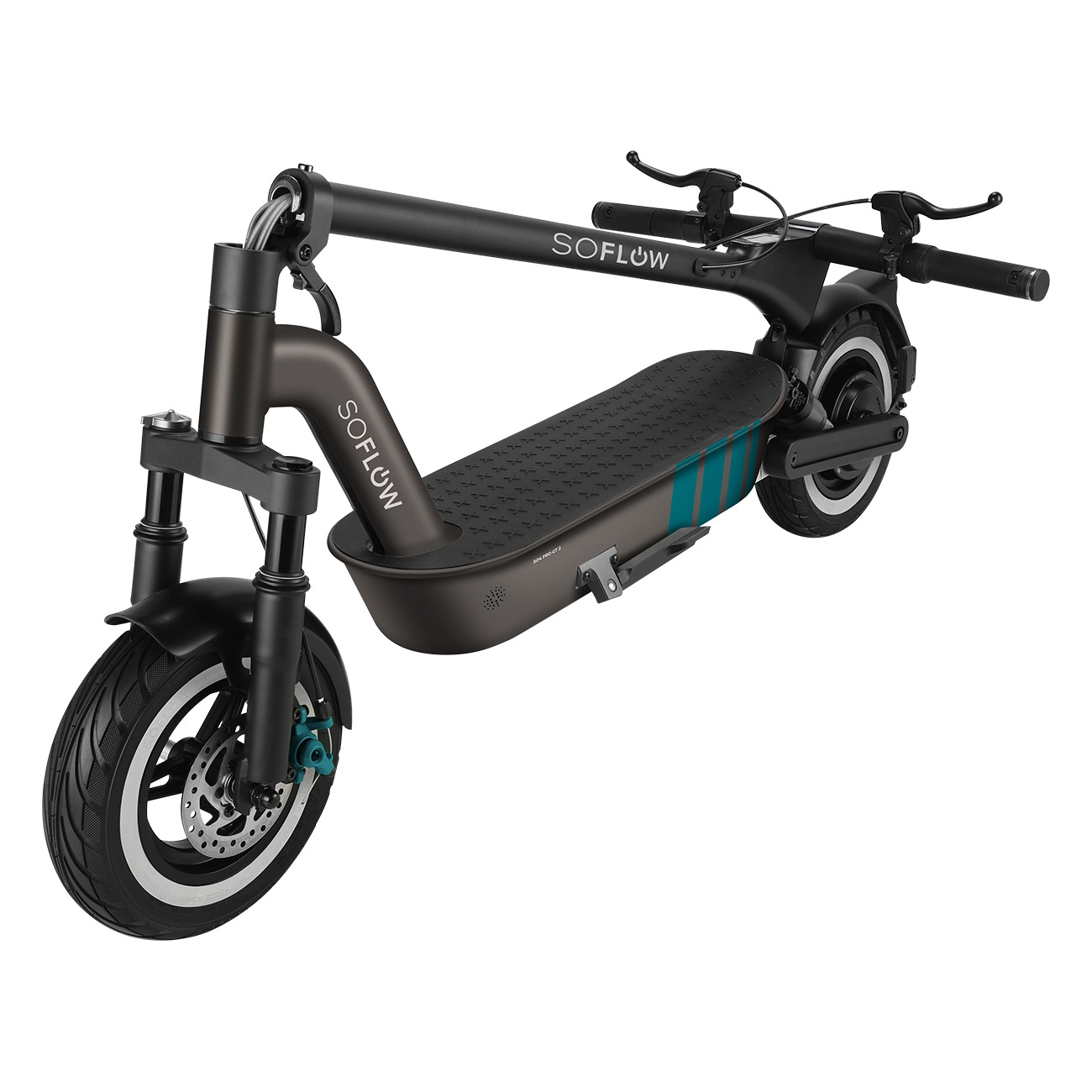 Ein schwarzer SoFlow-E-Scooter ist vor weißem Hintergrund zusammengeklappt abgebildet.