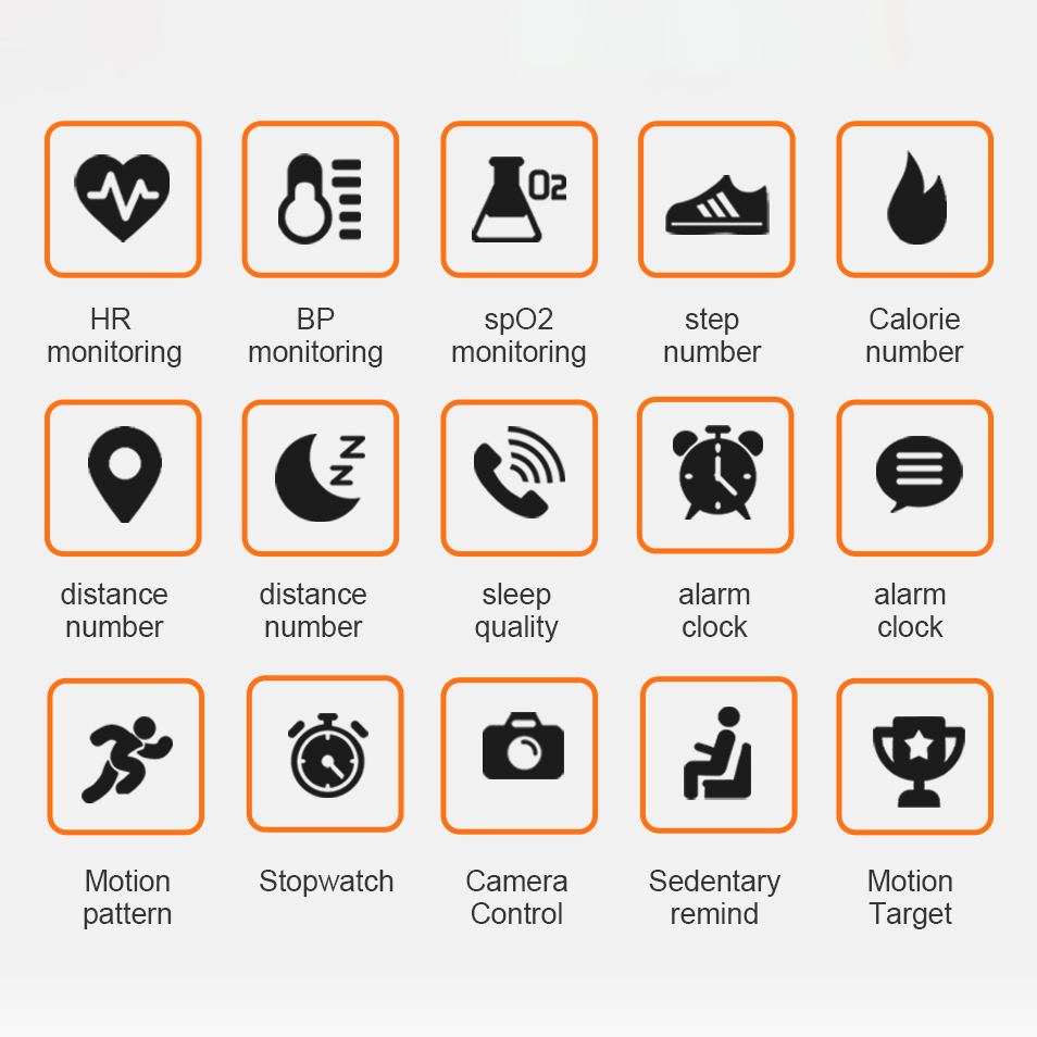 A grid of fifteen orange-bordered icons with black symbols for smartwatch features, each with text labels.