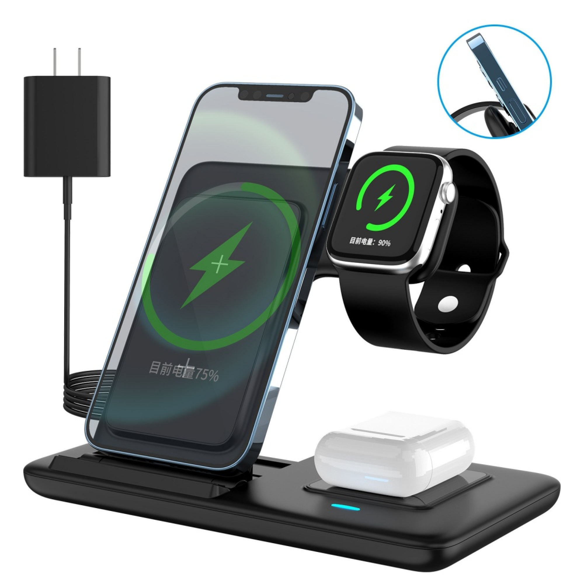 Schwarze kabellose Ladestation mit Smartphone, Smartwatch und Ohrhörer.