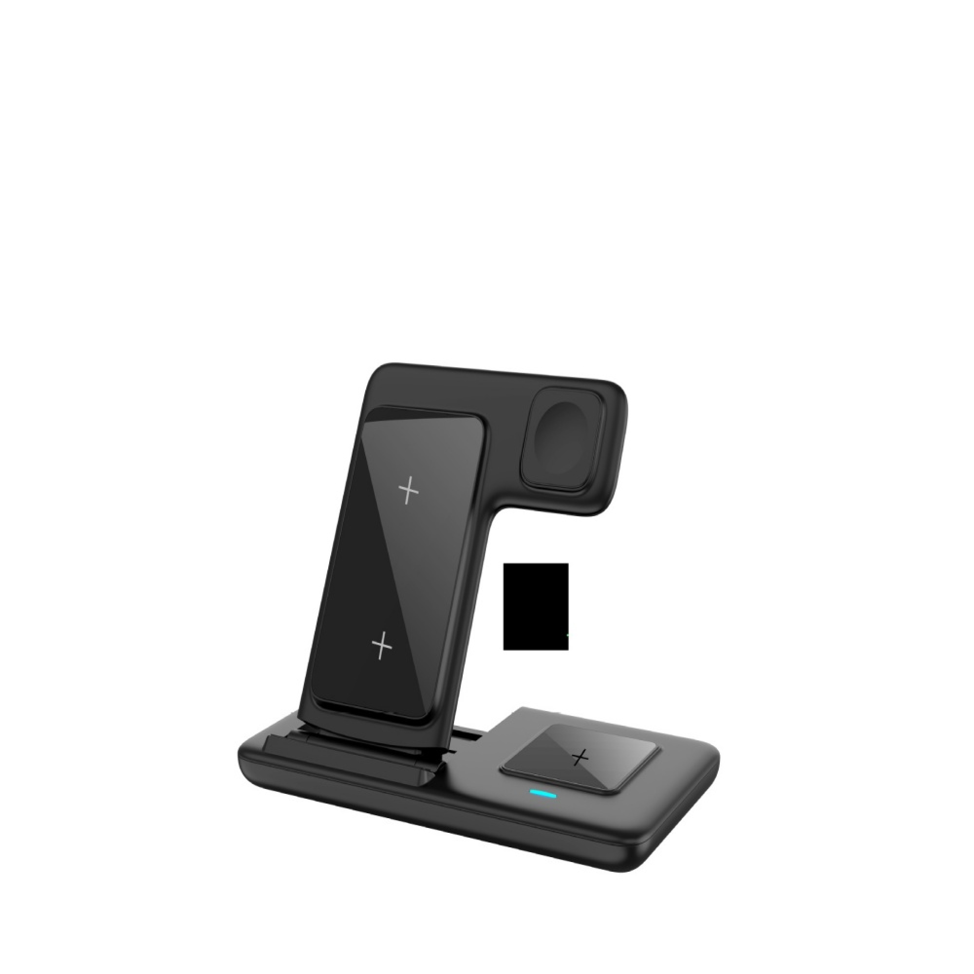 Eine schwarze 3-in-1-Kabellos-Ladestation mit Steckplätzen für Handy, Smartwatch und Ohrhörer auf weißem Hintergrund.
