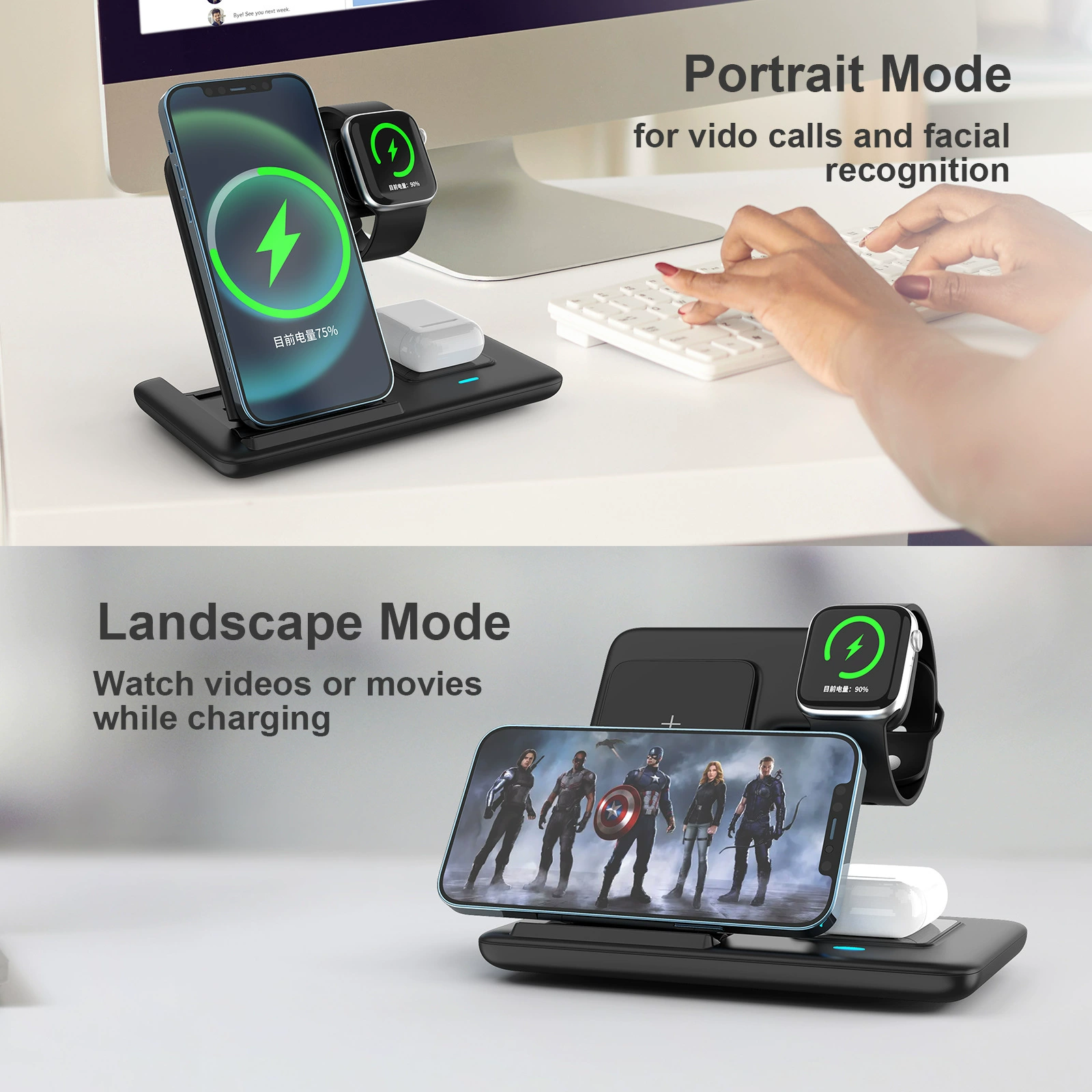 Kabellose Ladestation mit einem Smartphone, einer Smartwatch und Kopfhörern in Porträt- und Landschaftsmodus.