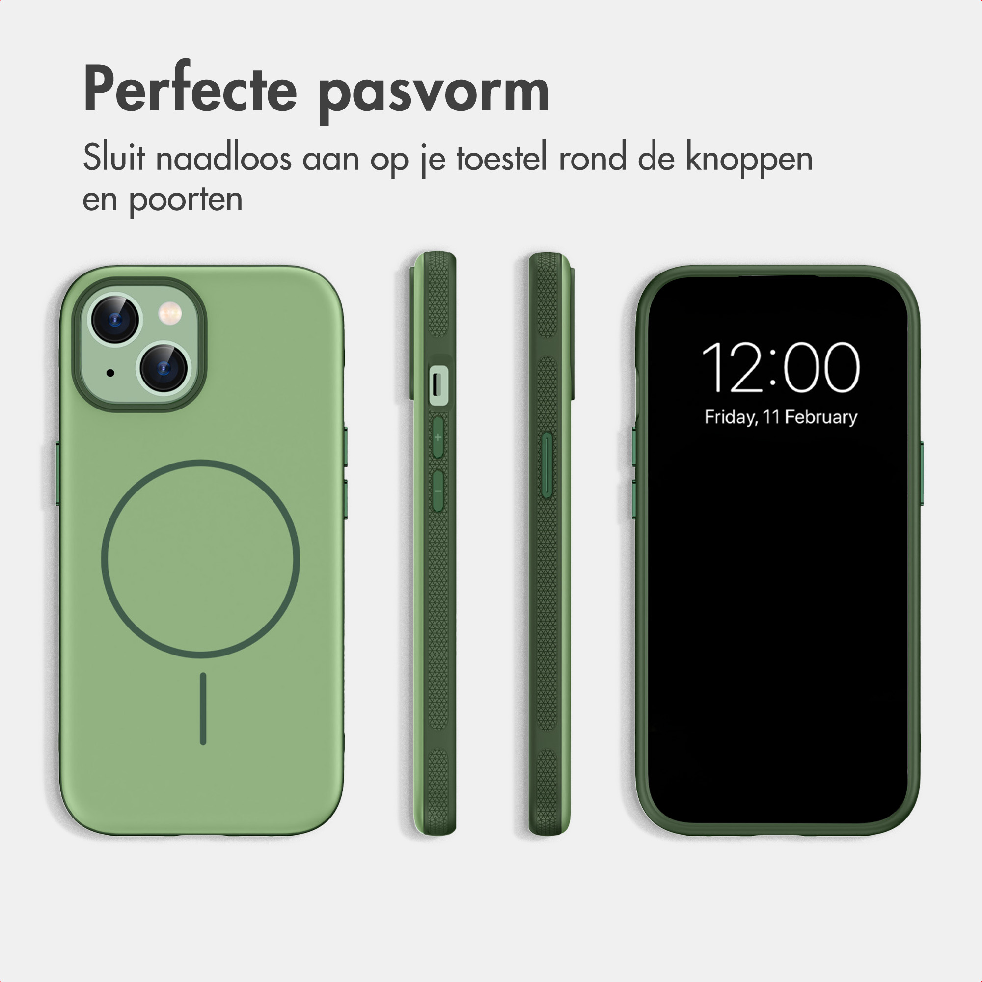 Groene telefoonhoes getoond vanuit meerdere hoeken met tekst.
