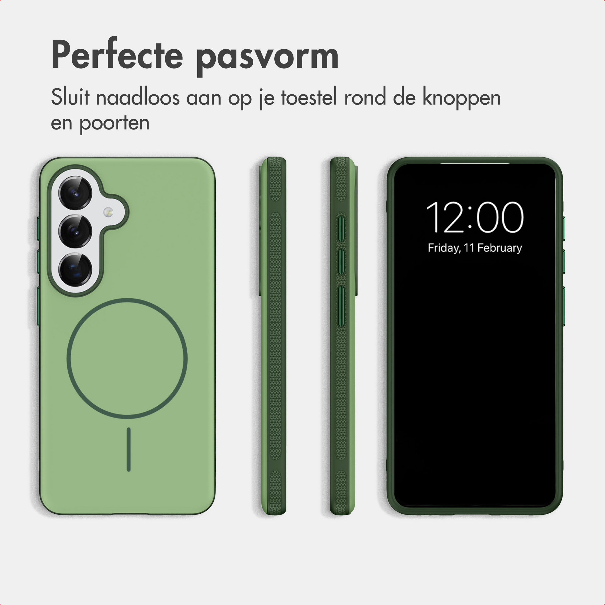 Grüne Handytasche aus verschiedenen Winkeln mit Text darüber.