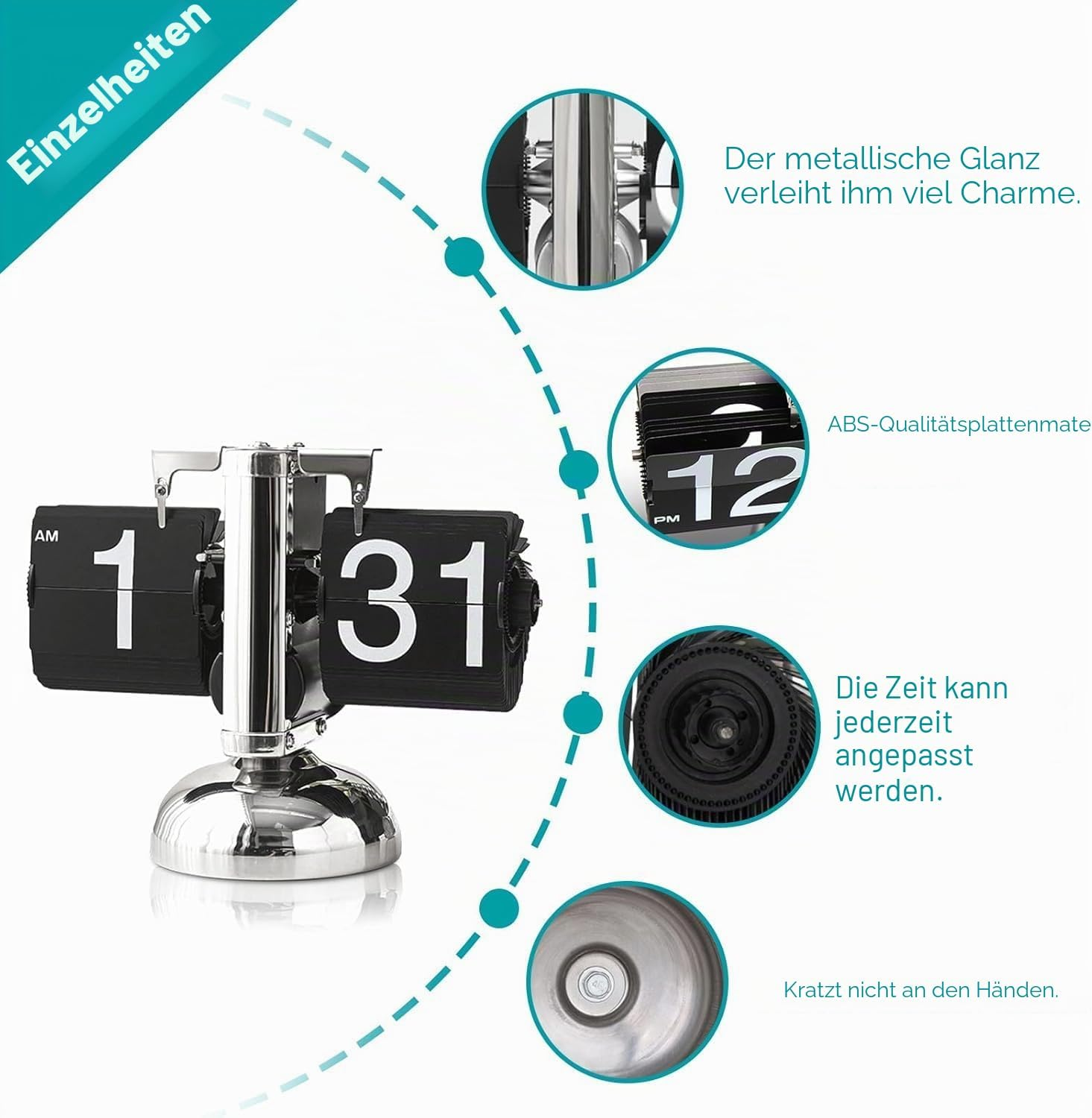 Eine silberne Flip-Uhr zeigt Uhrzeit und Datum, mit kreisförmigen Detailansichten und deutschen Texten daneben.