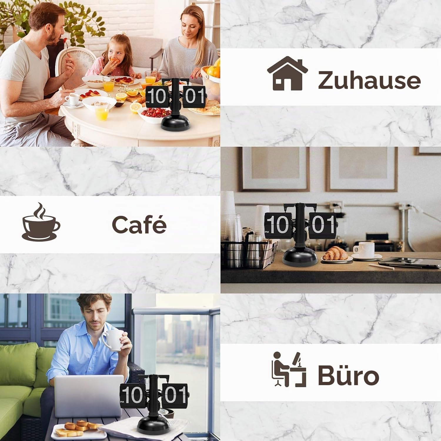 Eine schwarze Tischuhr wird in verschiedenen Szenen wie Zuhause, Café und Büro gezeigt.