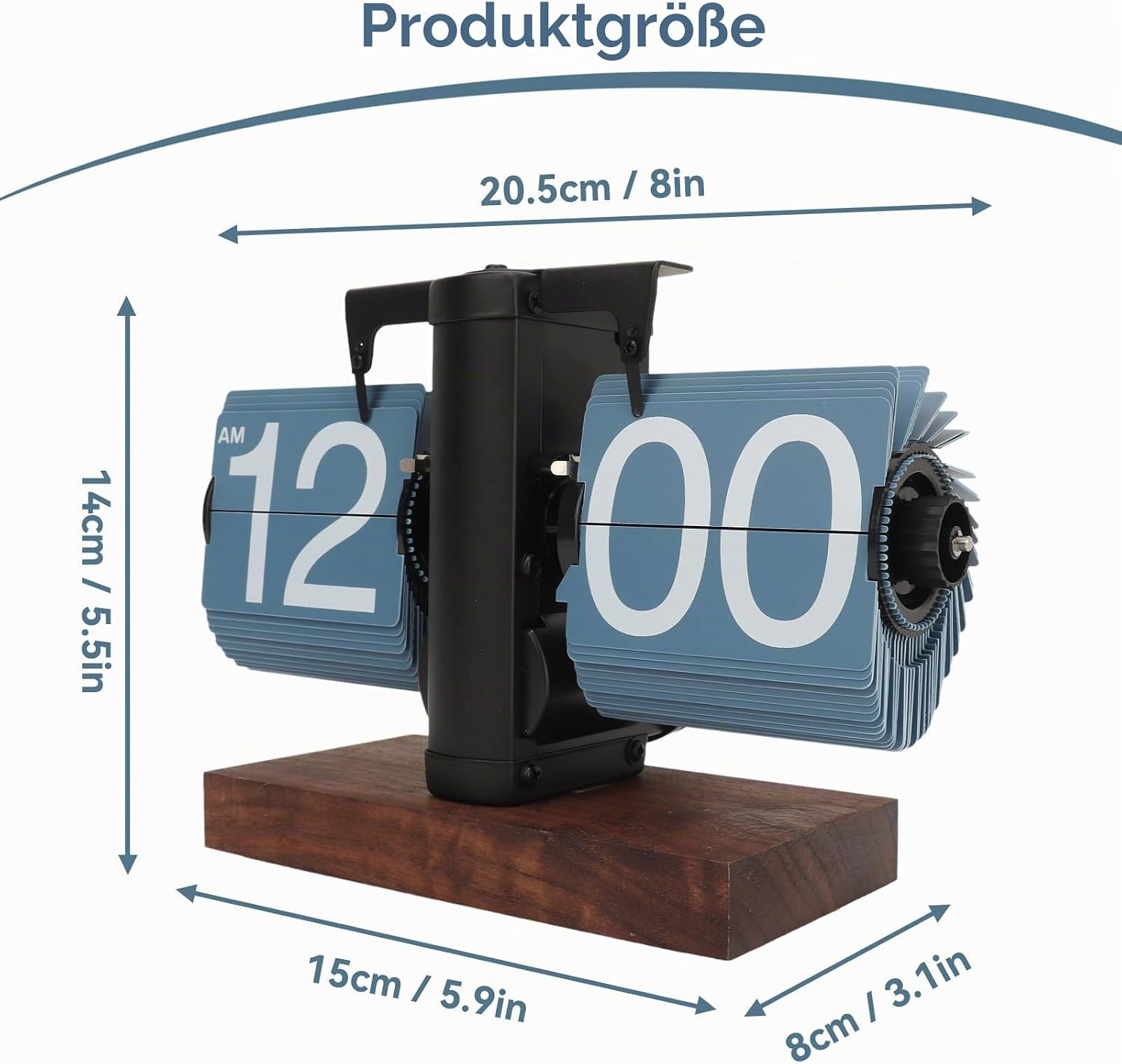 Blaue Retro-Flip-Uhr auf Holzsockel mit Maßangaben.