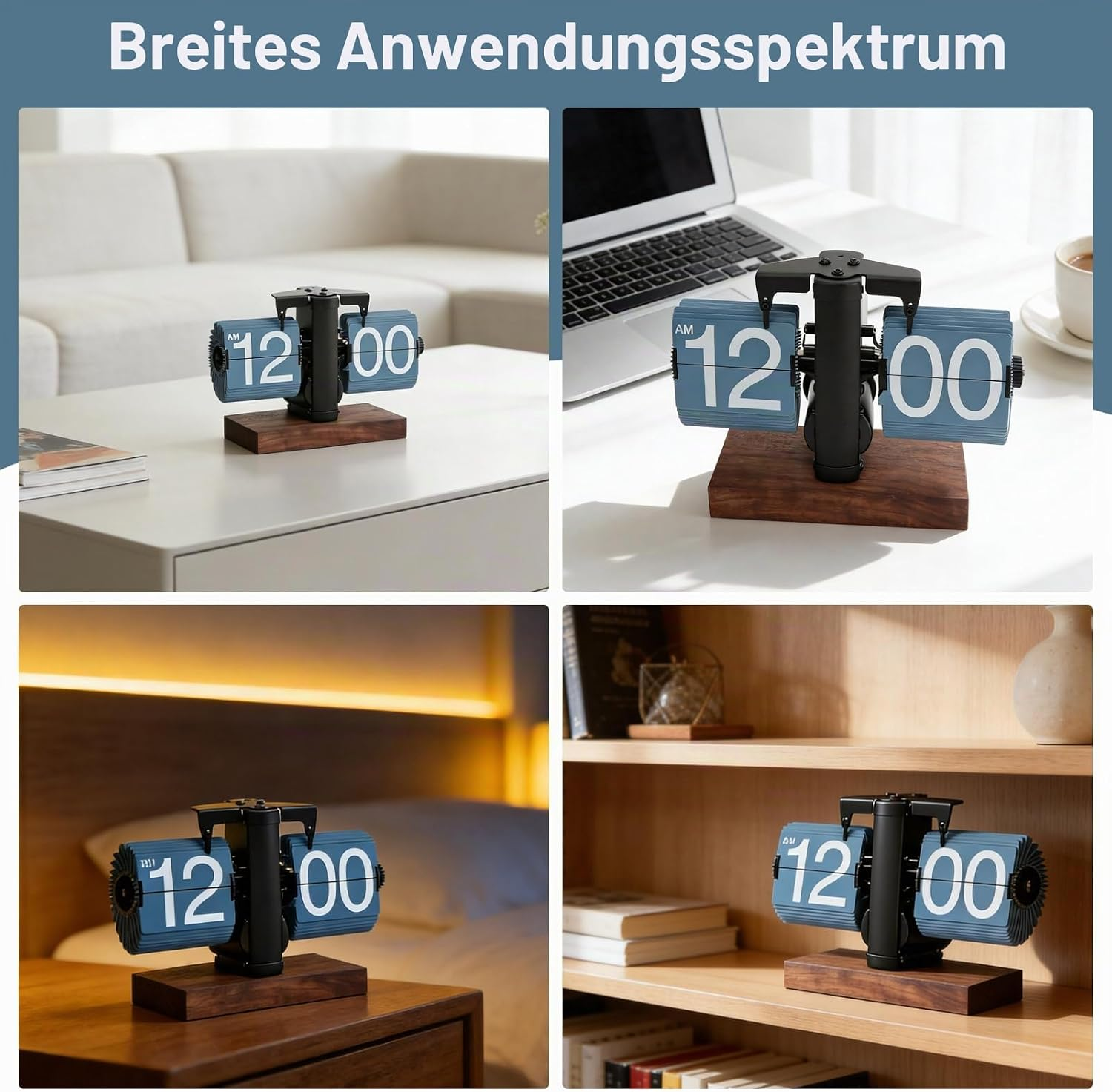 Eine Vintage-Flip-Uhr mit blauen Klappen zeigt 12:00 Uhr in verschiedenen Innenräumen wie Wohnzimmer und Büro.