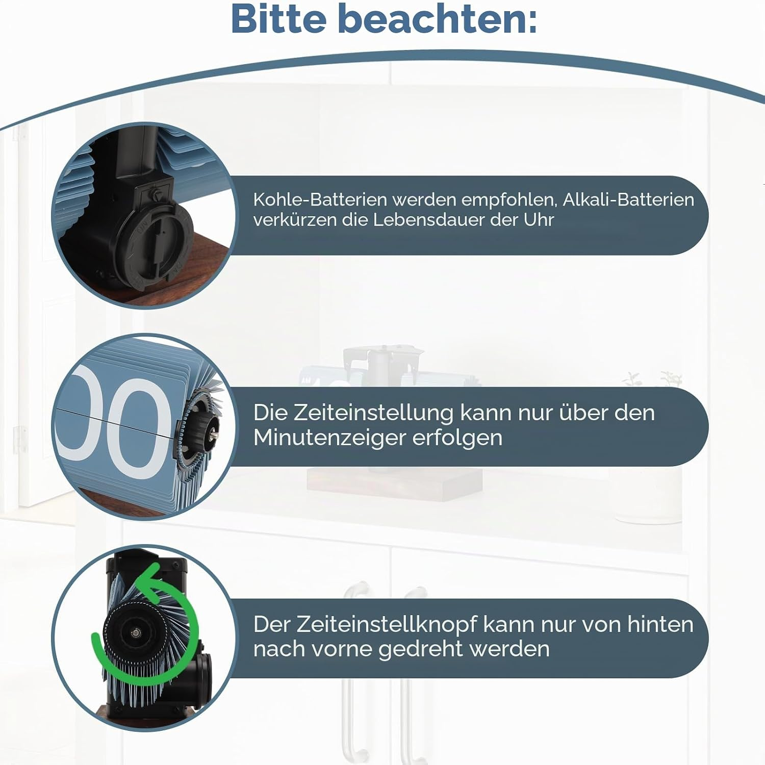 Anleitung für die Uhr: Batteriehinweise, Einstellen der Zeit und Drehrichtung des Einstellknopfs.