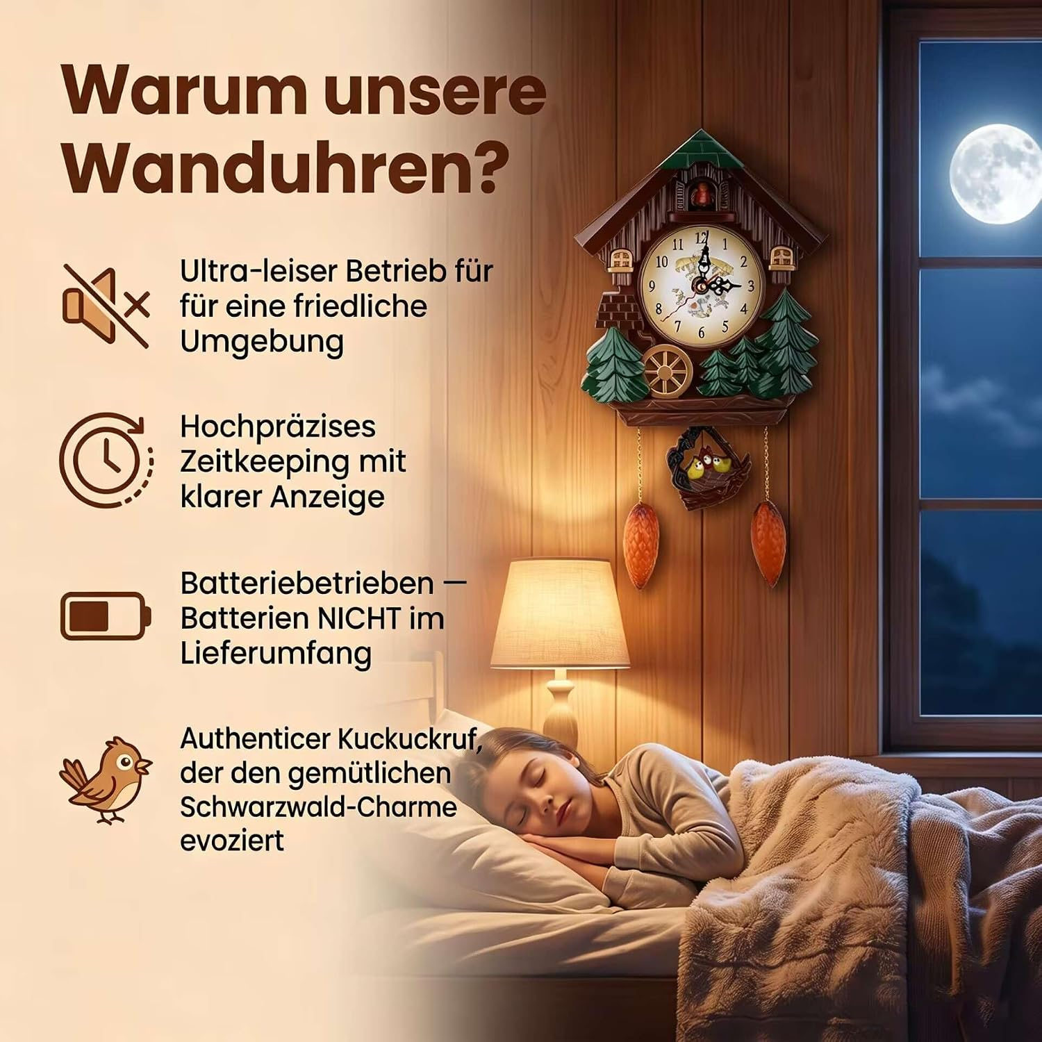 Eine Kuckucksuhr hängt an einer Holzwand über einem schlafenden Kind, neben einem Fenster mit Vollmond.