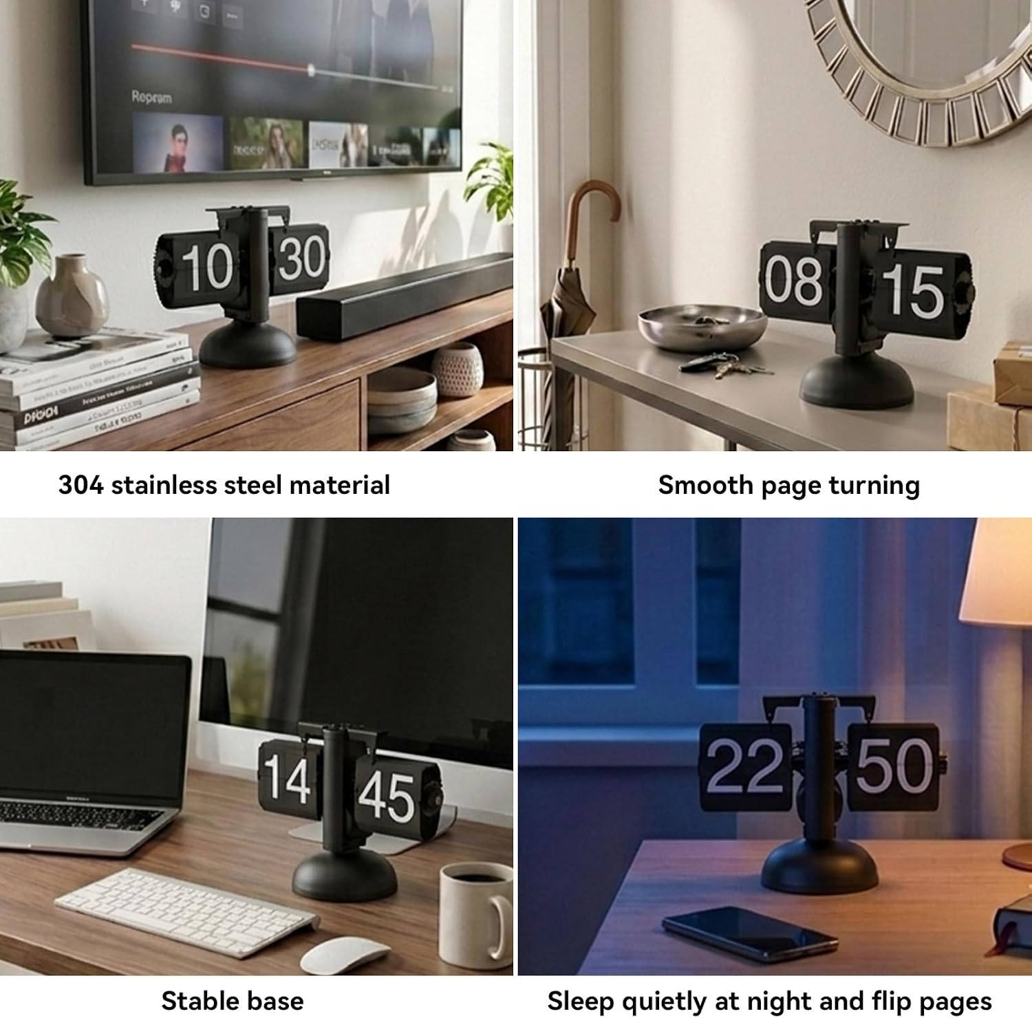 Vier Felder zeigen eine schwarze Flip-Uhr auf verschiedenen Oberflächen wie einem TV-Ständer und einem Schreibtisch.