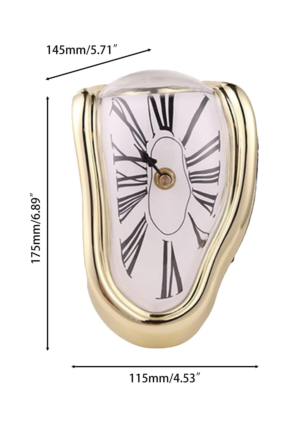 Eine goldene, surreal schmelzende Uhr mit römischen Ziffern und Maßen in Millimetern und Zoll.
