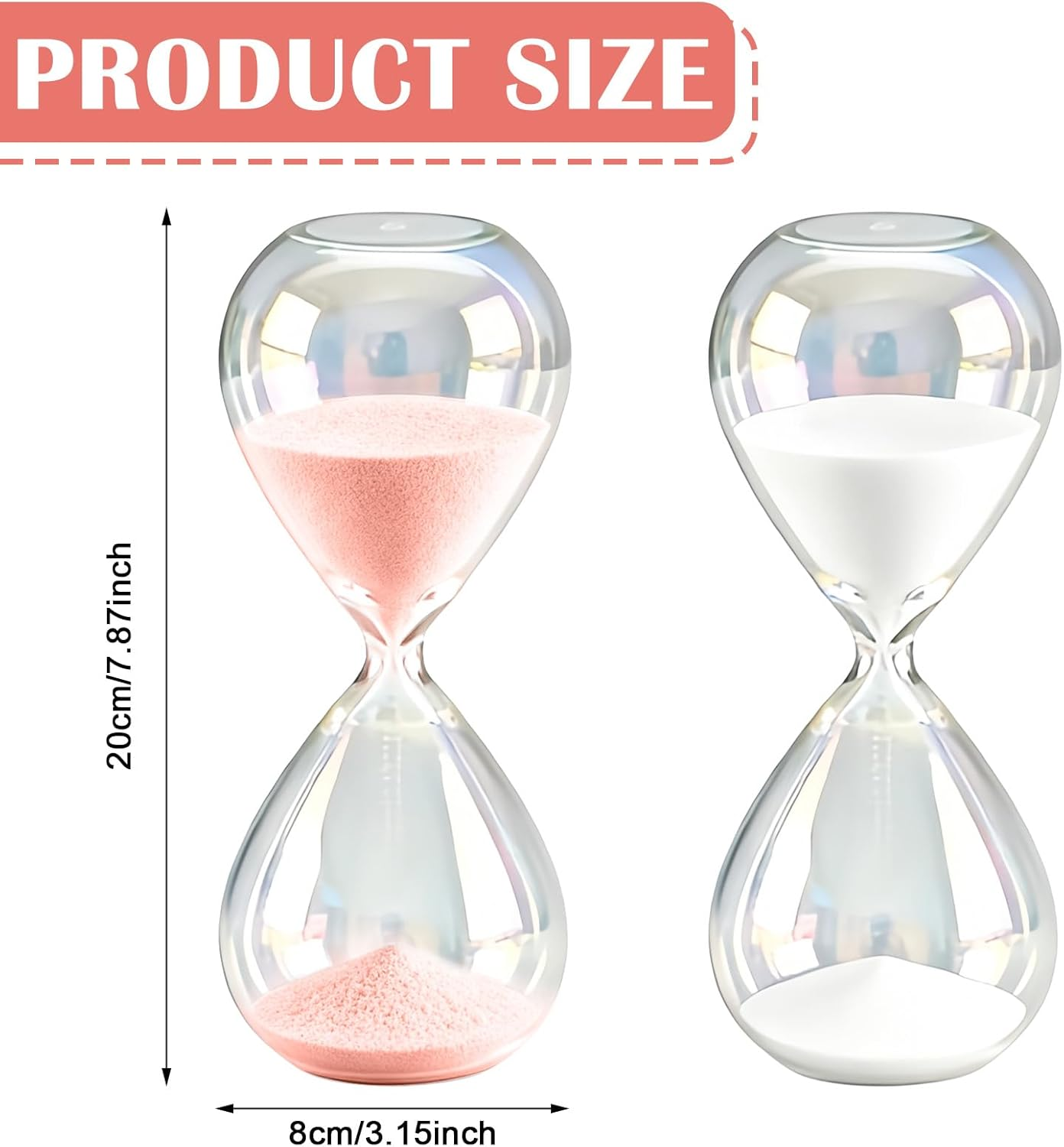 Zwei transparente Sanduhren mit Maßen von 20cm Höhe und 8cm Breite, eine mit rosa und eine mit weißem Sand.