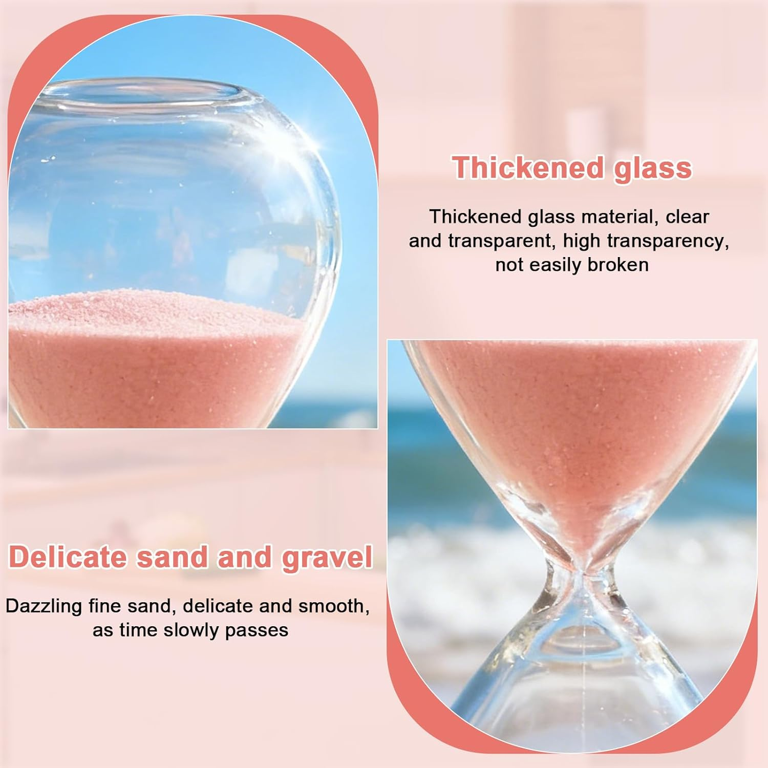 Sanduhr mit dickem Glas und feinem rosa Sand, beschriftet mit englischen Texten.