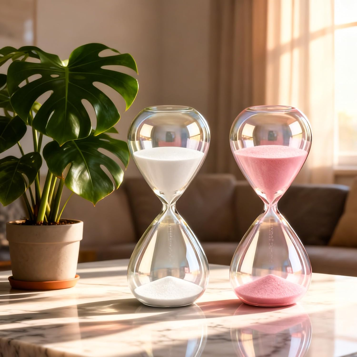 Zwei Sanduhren mit weißem und rosa Sand stehen auf einem Tisch neben einer großen Monstera-Pflanze in einem sonnigen Raum.