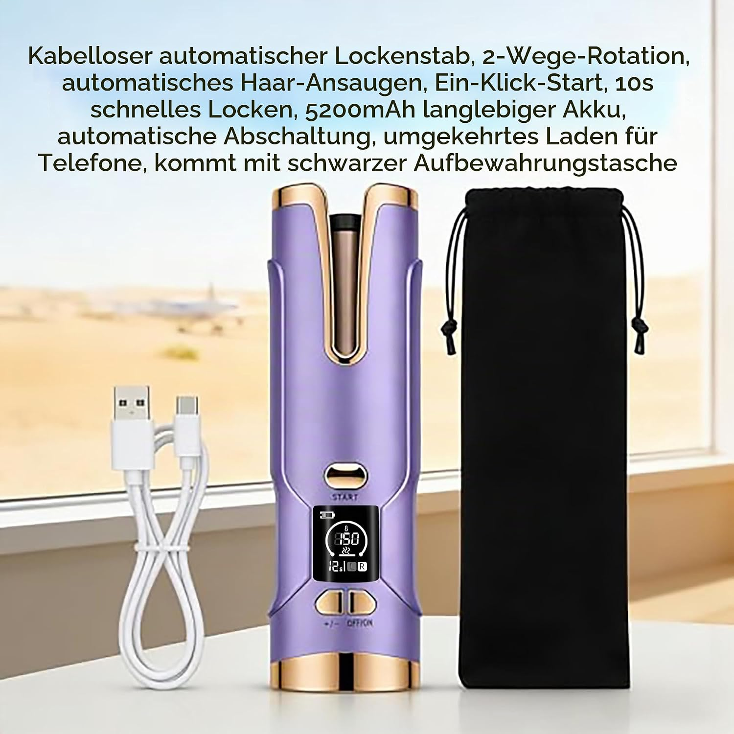 Lila automatischer Lockenstab mit USB-Kabel und schwarzer Tasche vor hellem Hintergrund.