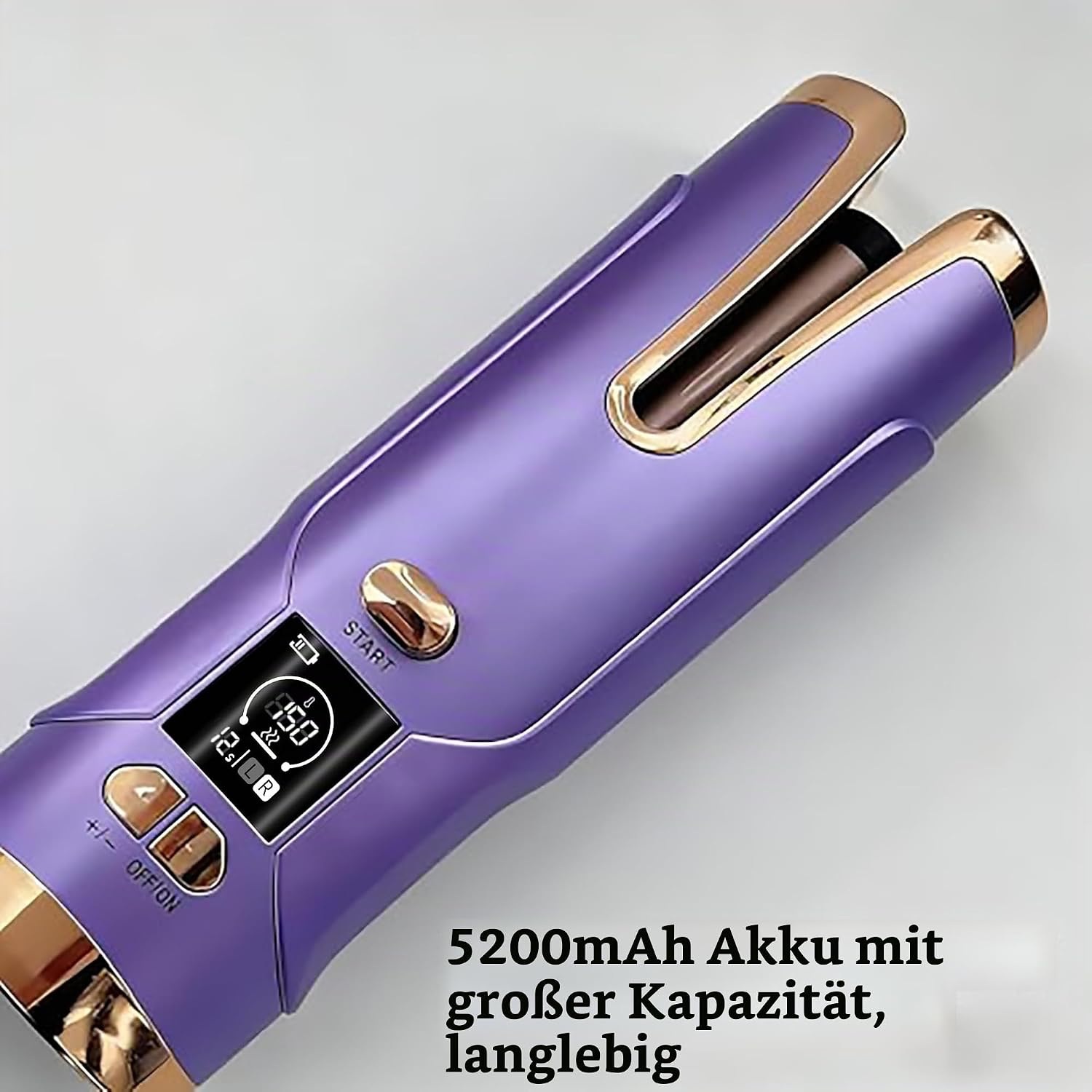 Ein lila-goldener automatischer Lockenstab mit Digitaldisplay und Steuertasten vor hellem Hintergrund.