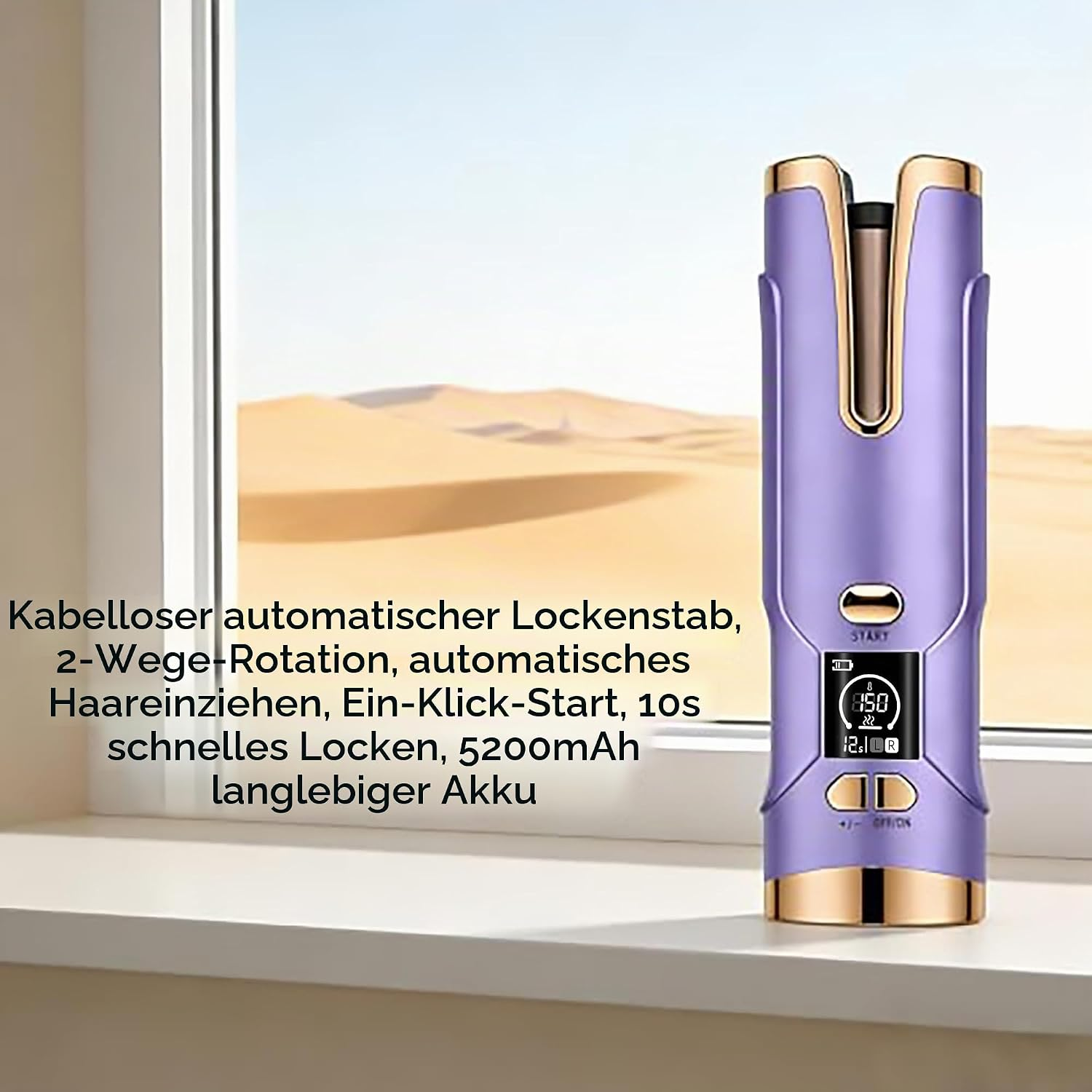 Ein lila-goldener automatischer Lockenstab steht auf einer Fensterbank mit Wüstenblick und deutschem Text.