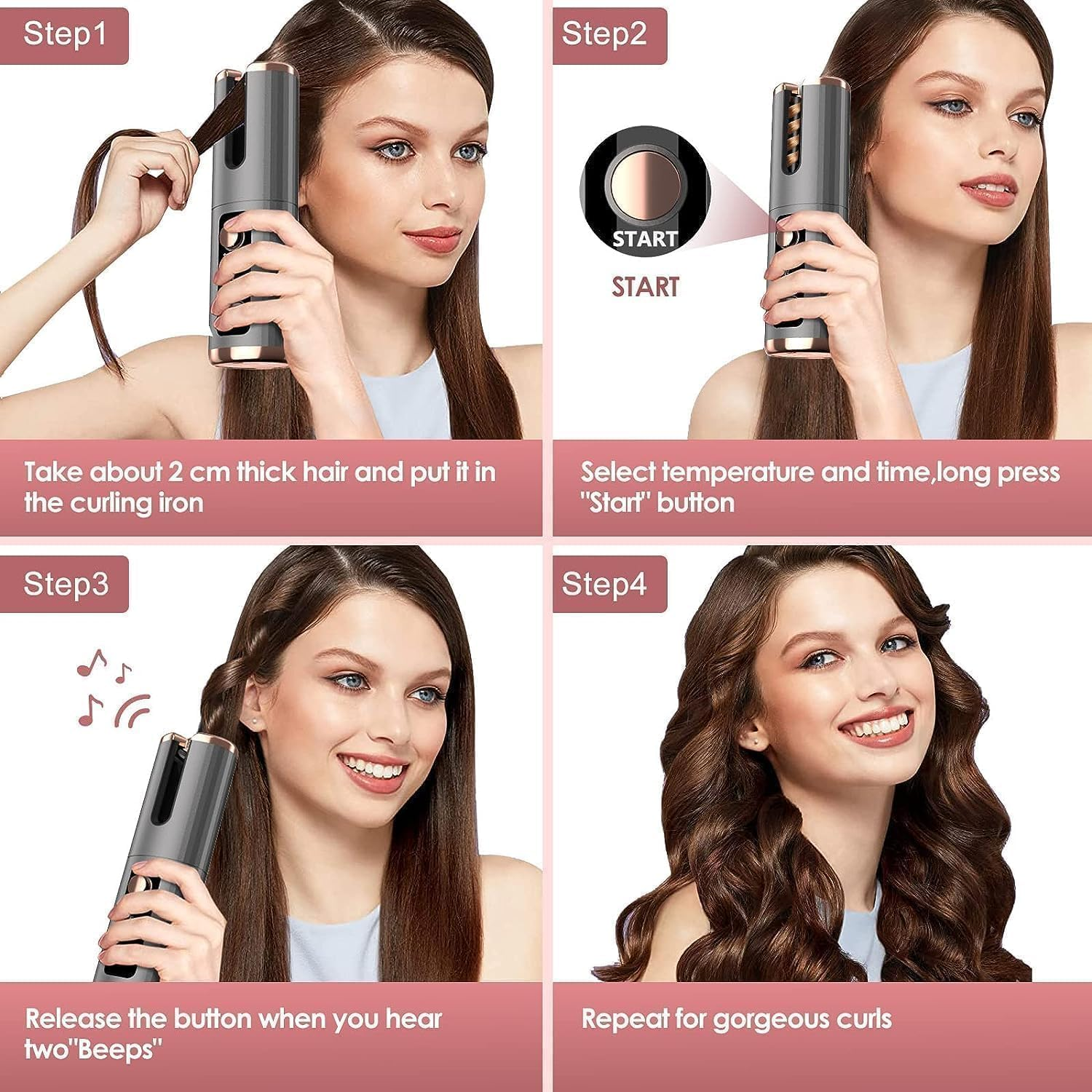 Vier Schritte zur Verwendung eines automatischen Lockenstabes: Haare einlegen, Start drücken, warten und das Ergebnis genießen.
