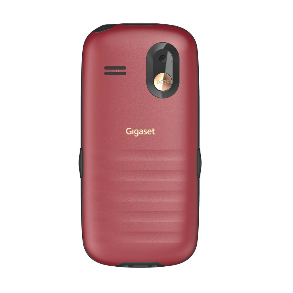 Rückseite eines roten Gigaset-Mobiltelefons mit Kamera, SOS-Knopf und Lautsprecher auf weißem Hintergrund.