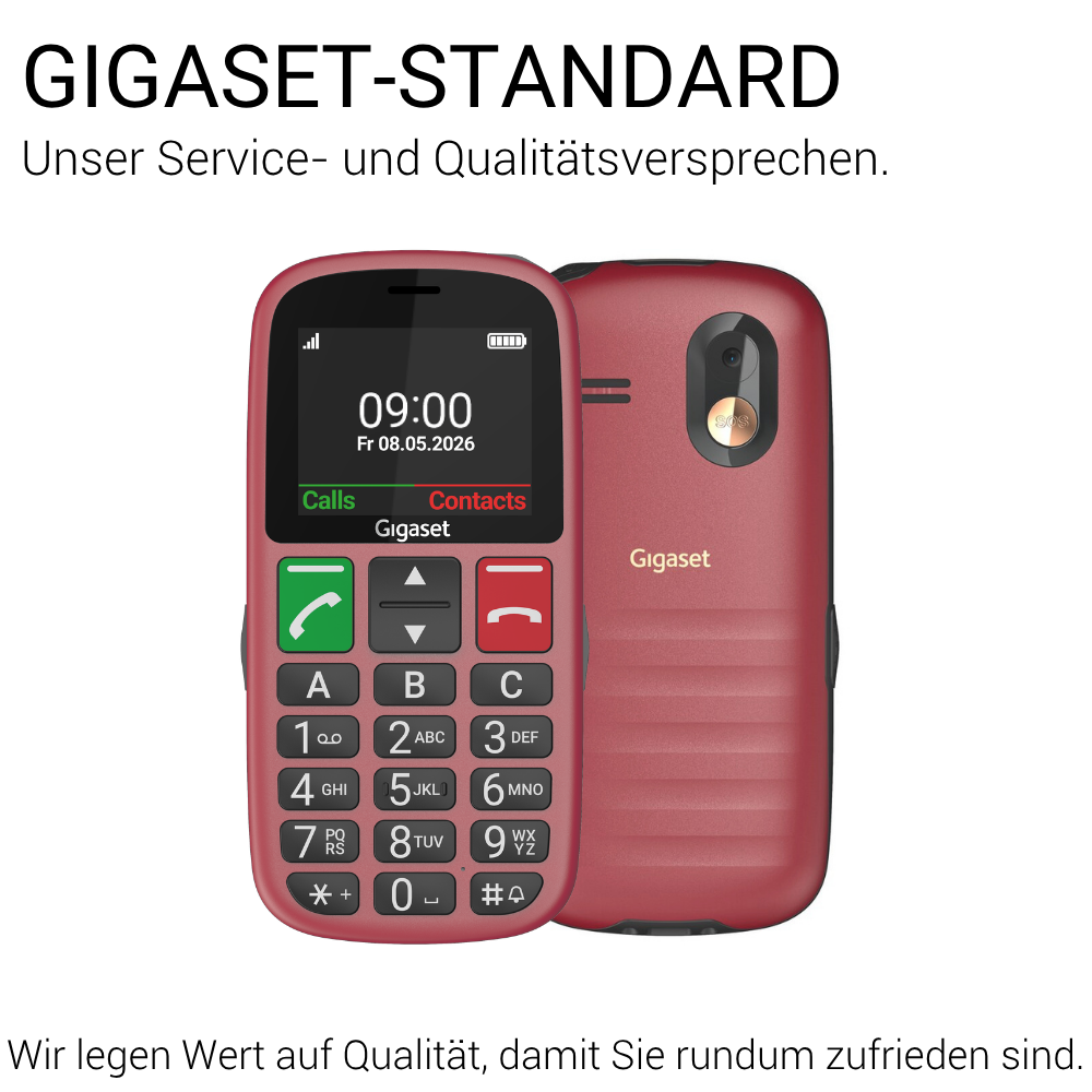 Rotes Gigaset-Seniorenhandy mit großen Tasten, Farbdisplay und Notruf-Taste auf der Rückseite.