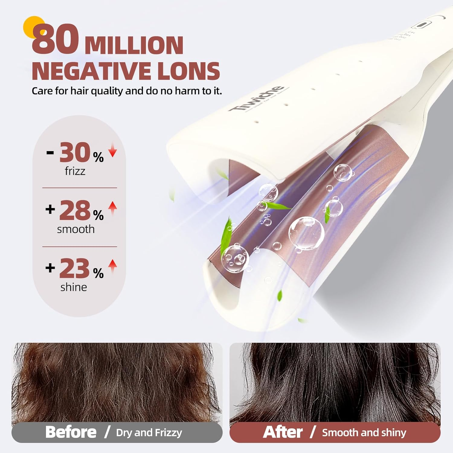 Ein weißer Haargräter mit negativem Ionenstrom und Vorher-Nachher-Vergleichsbildern von Haaren.