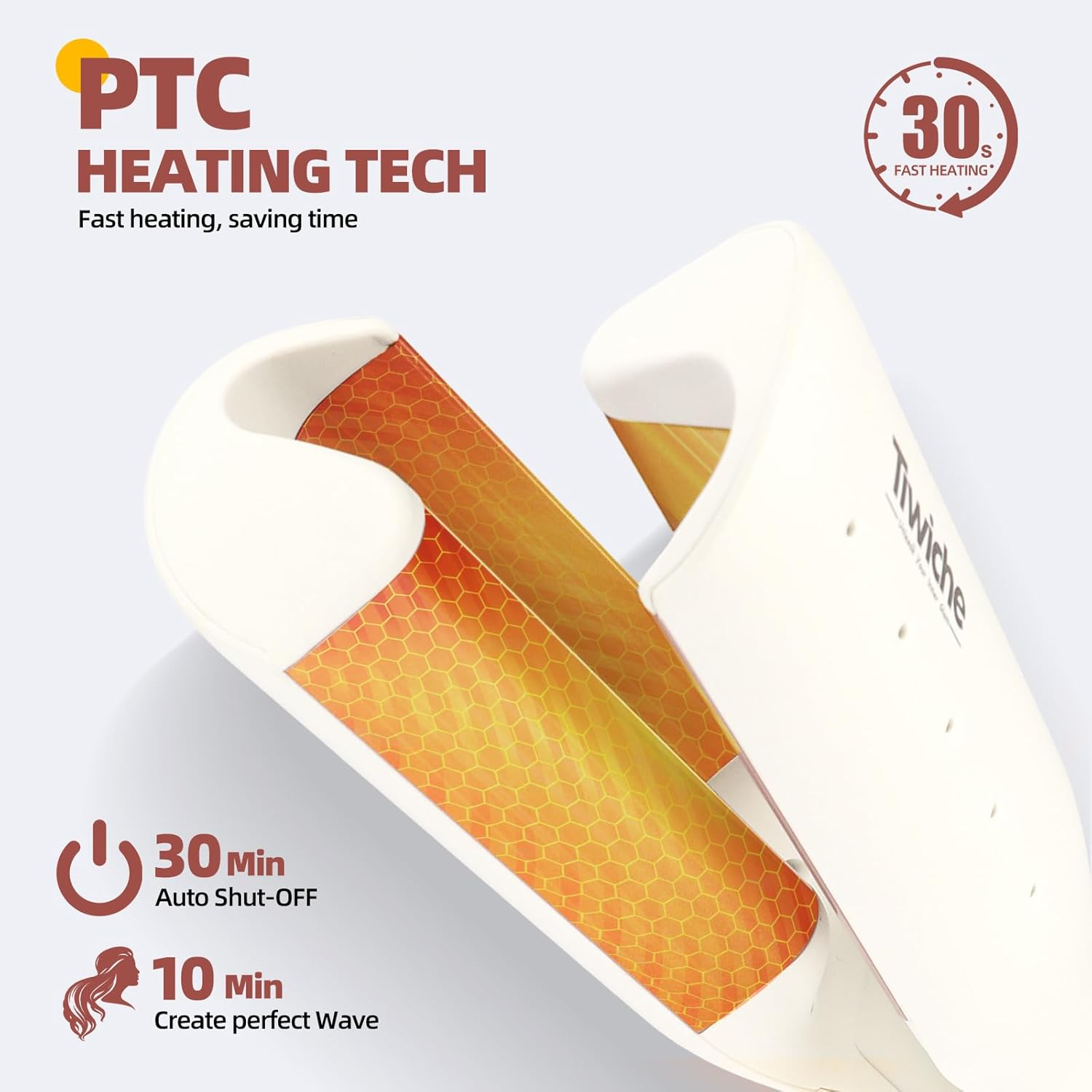 Weißer Haarglätter mit orangen Heizplatten, PTC-Technik und Abschaltautomatik auf weißem Hintergrund.