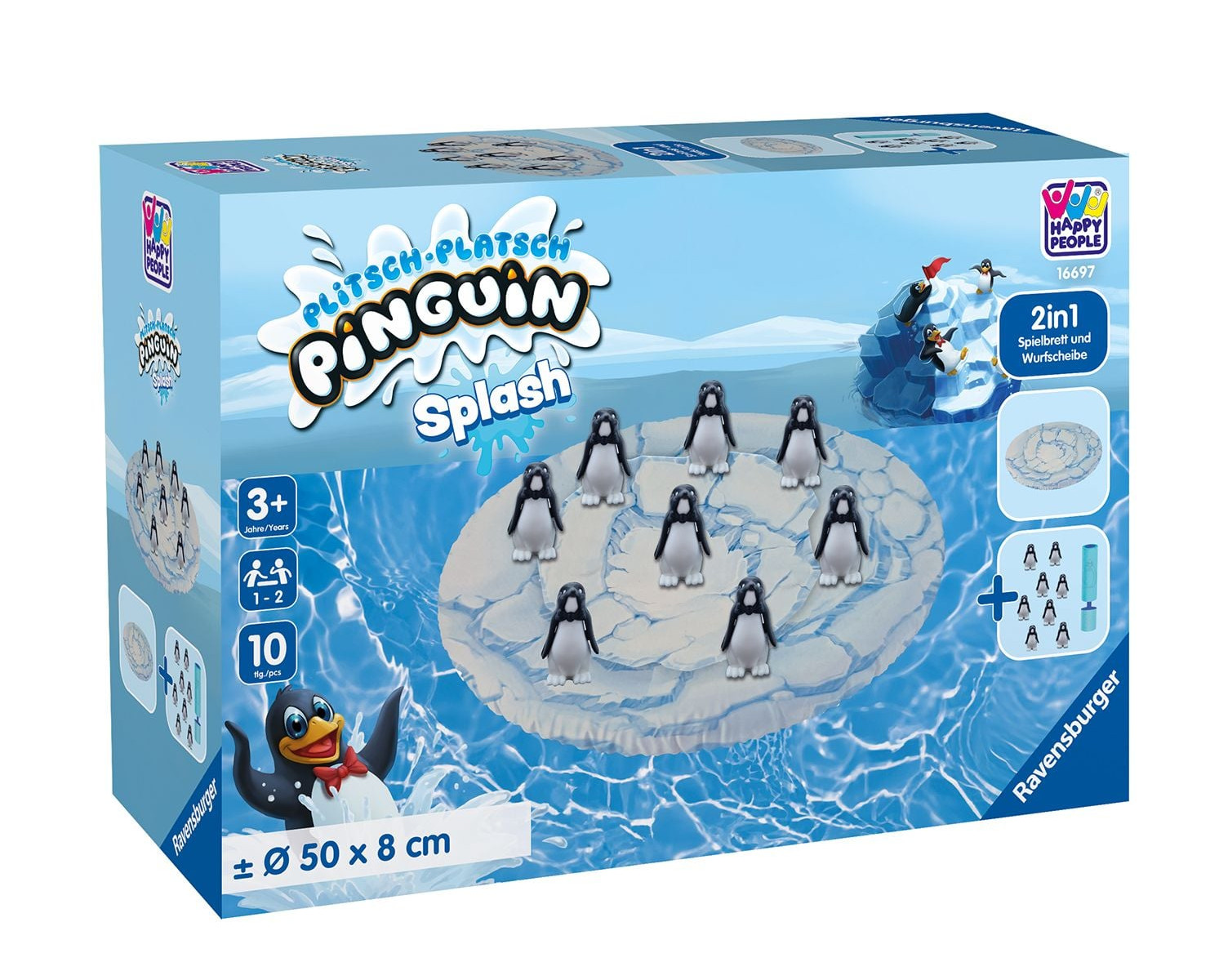 Verpackung des Pinguin-Wasserspiels mit Spielfeld und kleinen Pinguinfiguren.