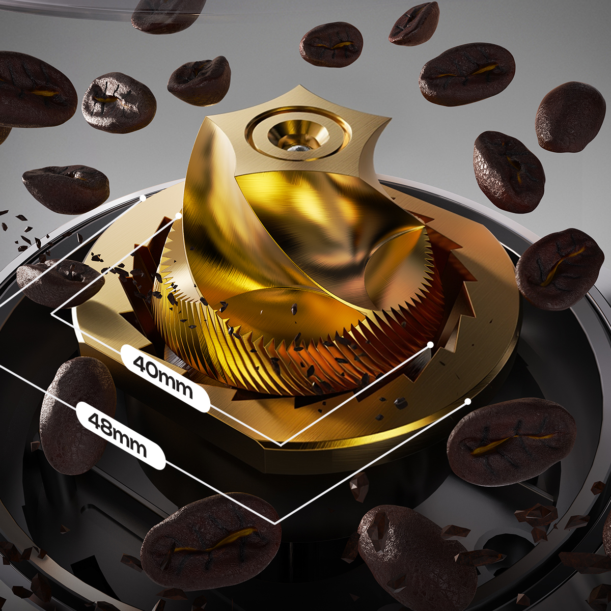 Goldenes Kaffeemahlwerk, umgeben von schwebenden Kaffeebohnen und Maßangaben.
