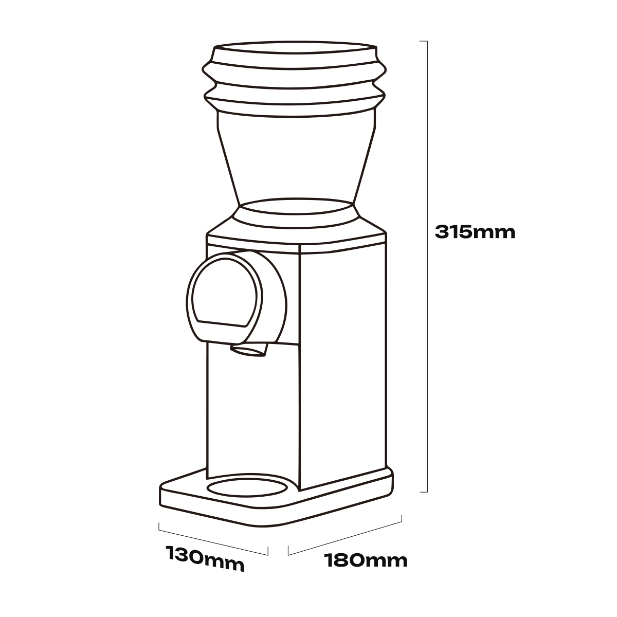 Strichzeichnung einer Kaffeemühle mit den Maßen 315 mm Höhe, 130 mm Breite und 180 mm Tiefe auf weißem Hintergrund.