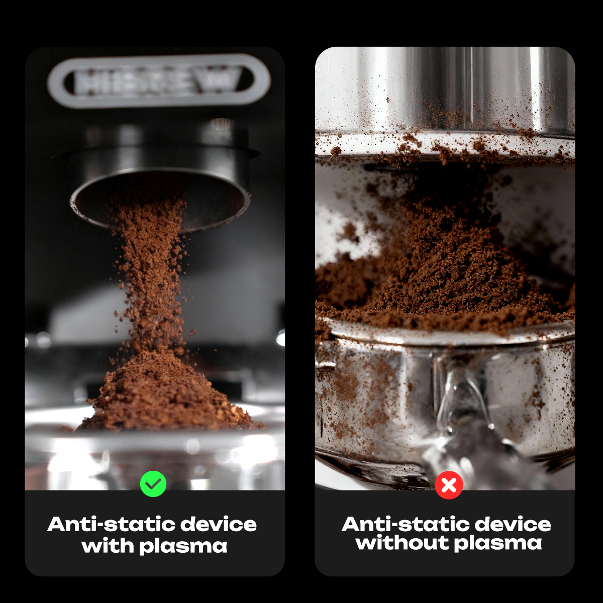 Kaffeeausgabe mit Plasma-Antistatikgerät links (sauber) und ohne rechts (sprüht).