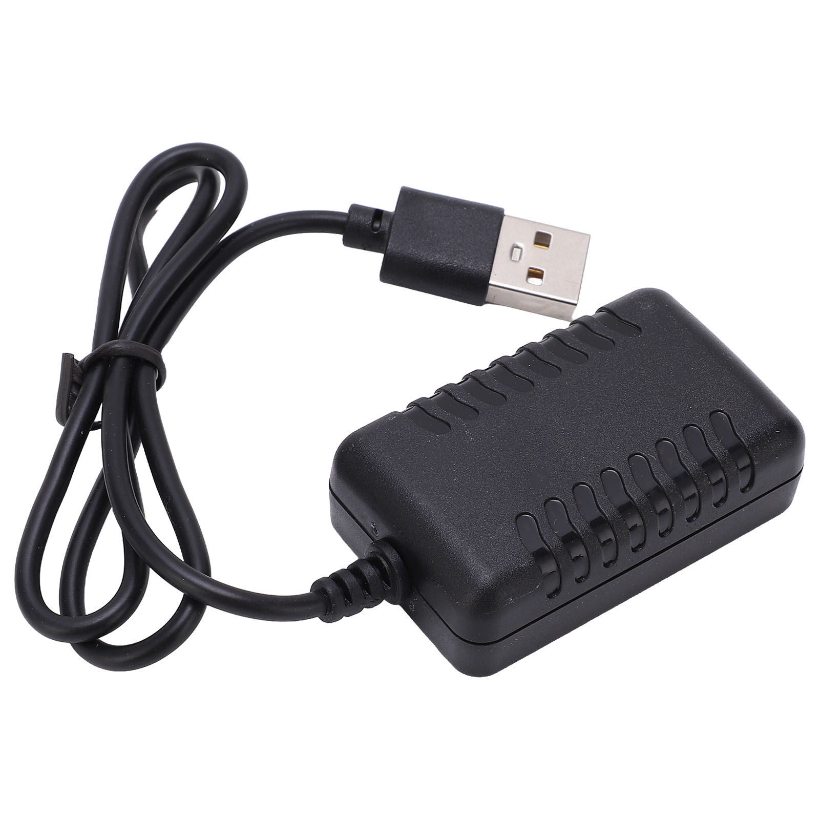 Ein schwarzes Netzteil mit USB-Kabel auf weißem Hintergrund.