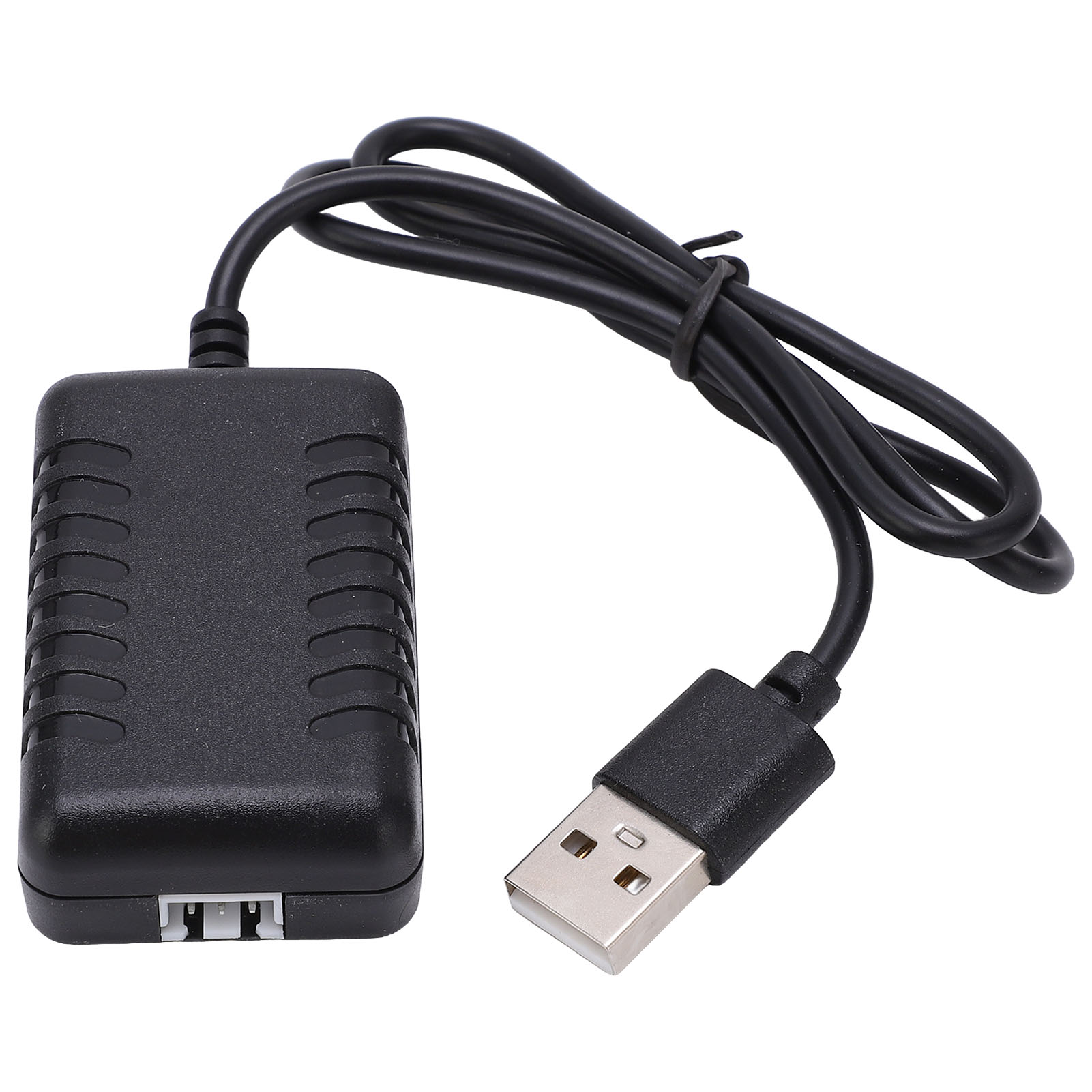 Ein schwarzes Netzteil mit einem USB-Stecker und aufgewickeltem Kabel auf weißem Hintergrund.