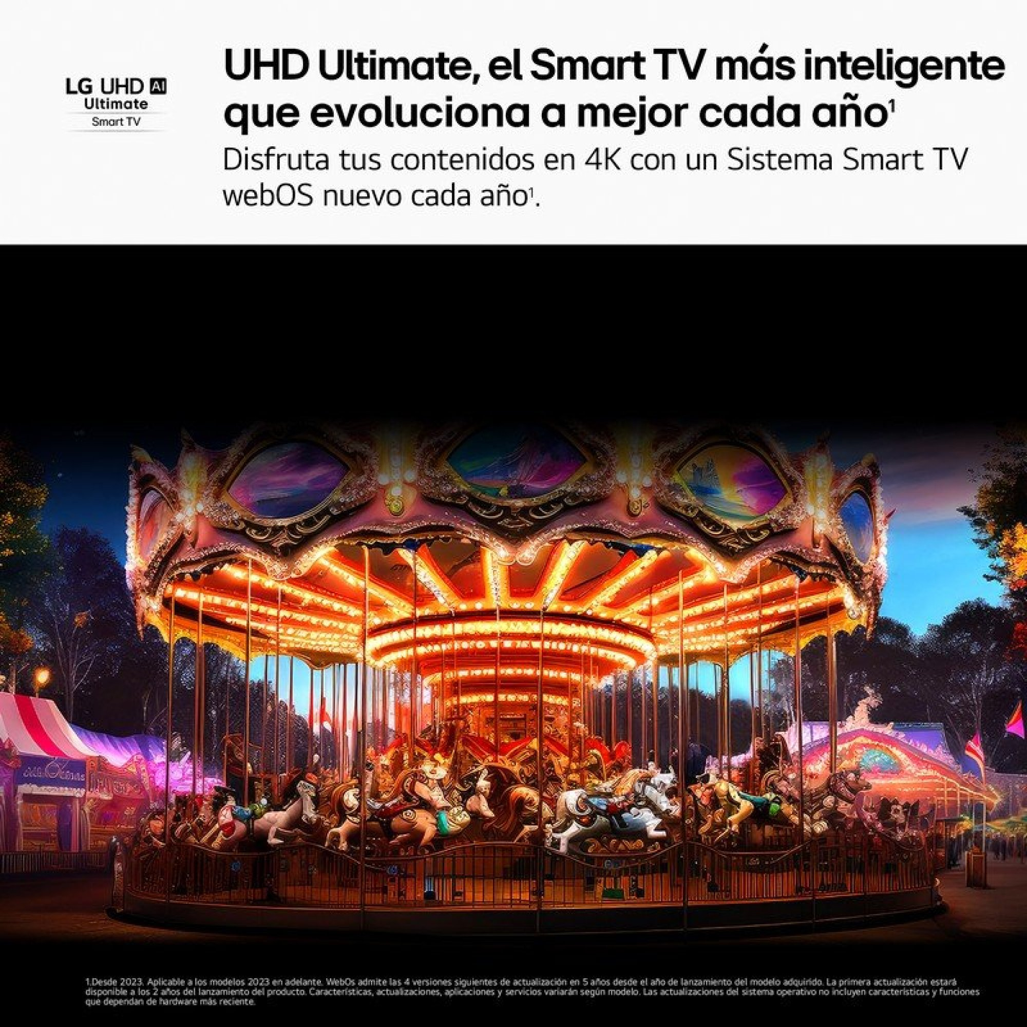 Un carrusel brillantemente iluminado brilla por la noche en un recinto ferial, rodeado de carpas coloridas.