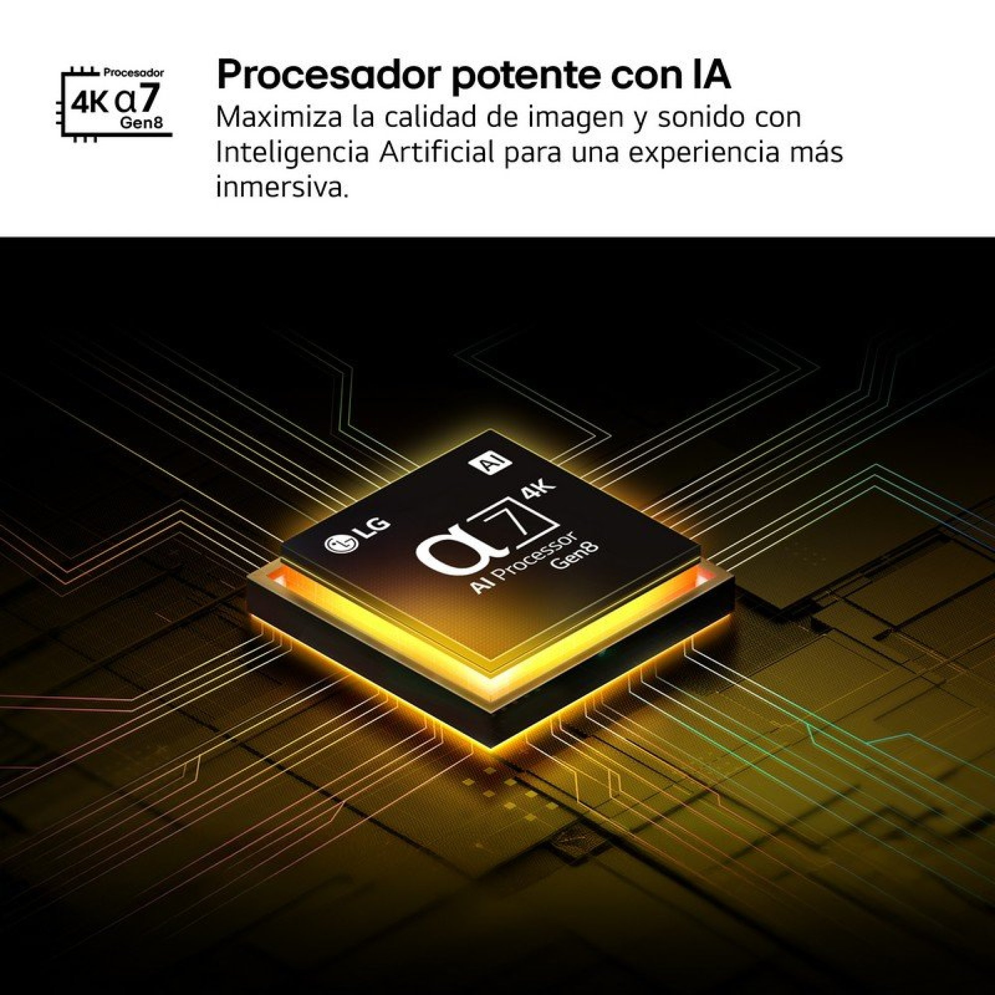 Procesador LG a7 Gen8 AI en una placa de circuito con líneas brillantes y texto en español arriba.