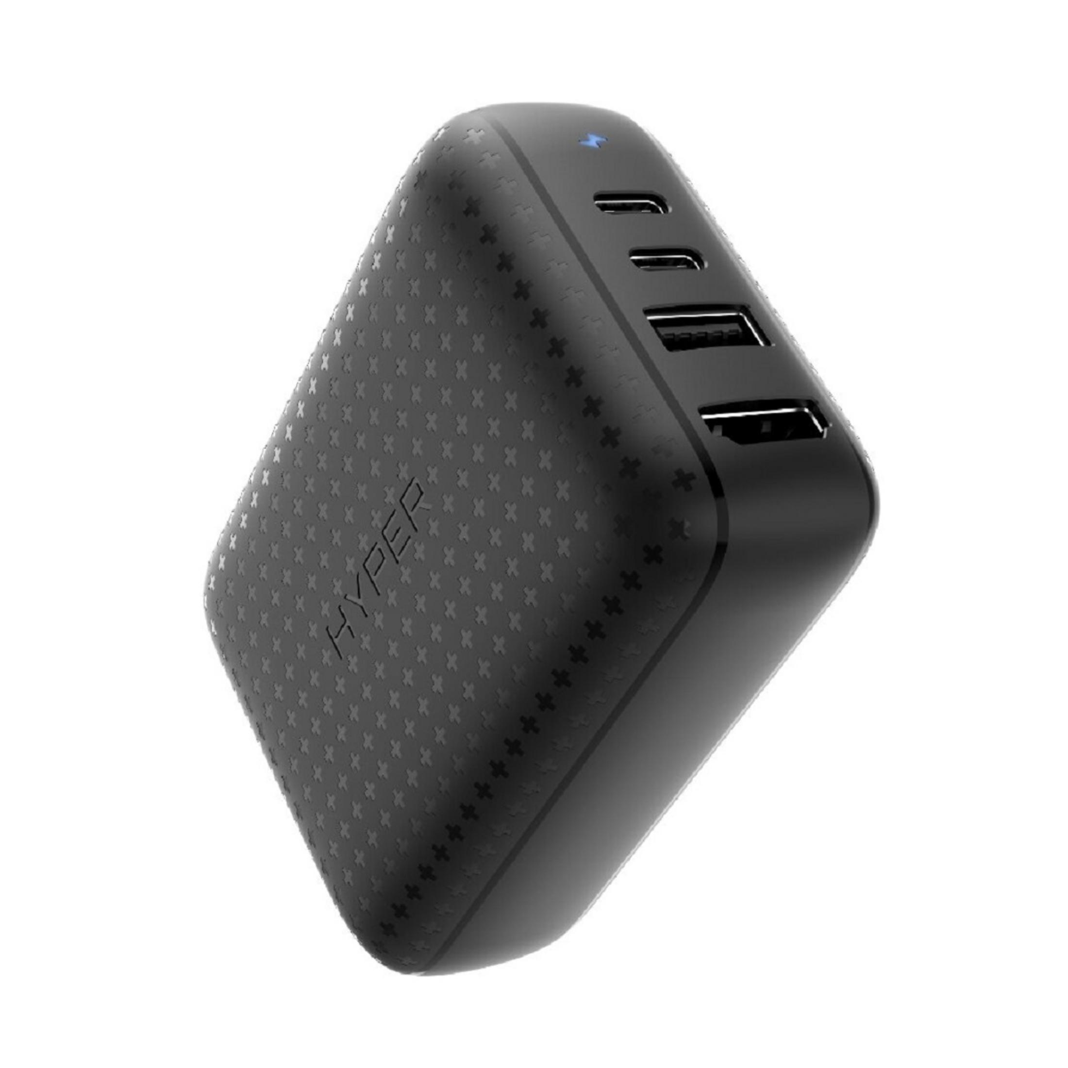 Schwarzes Hyper Wandladegerät mit zwei USB-C- und zwei USB-A-Anschlüssen auf weißem Hintergrund.