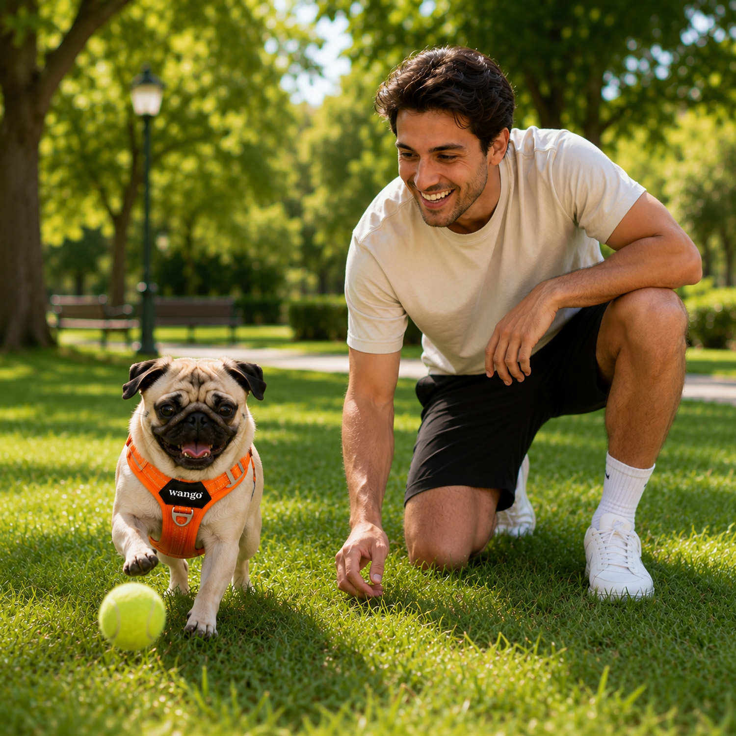 Un hombre se arrodilla en un césped mientras un pug con arnés naranja corre hacia una pelota de tenis.